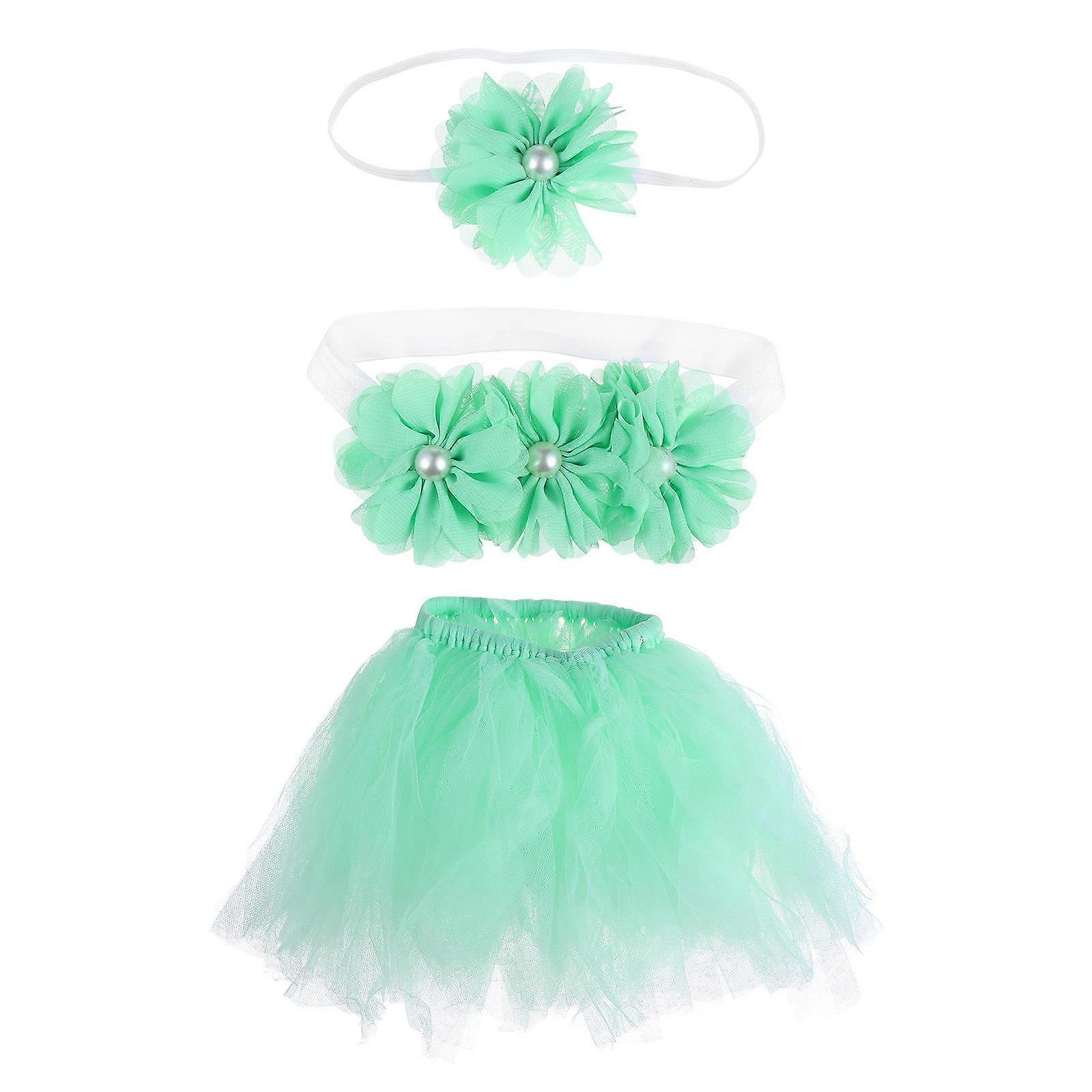 Infant Tutu Skirt with Fluffy Veil and Delicate Headband for Baby Photography Prop Green 03 Months