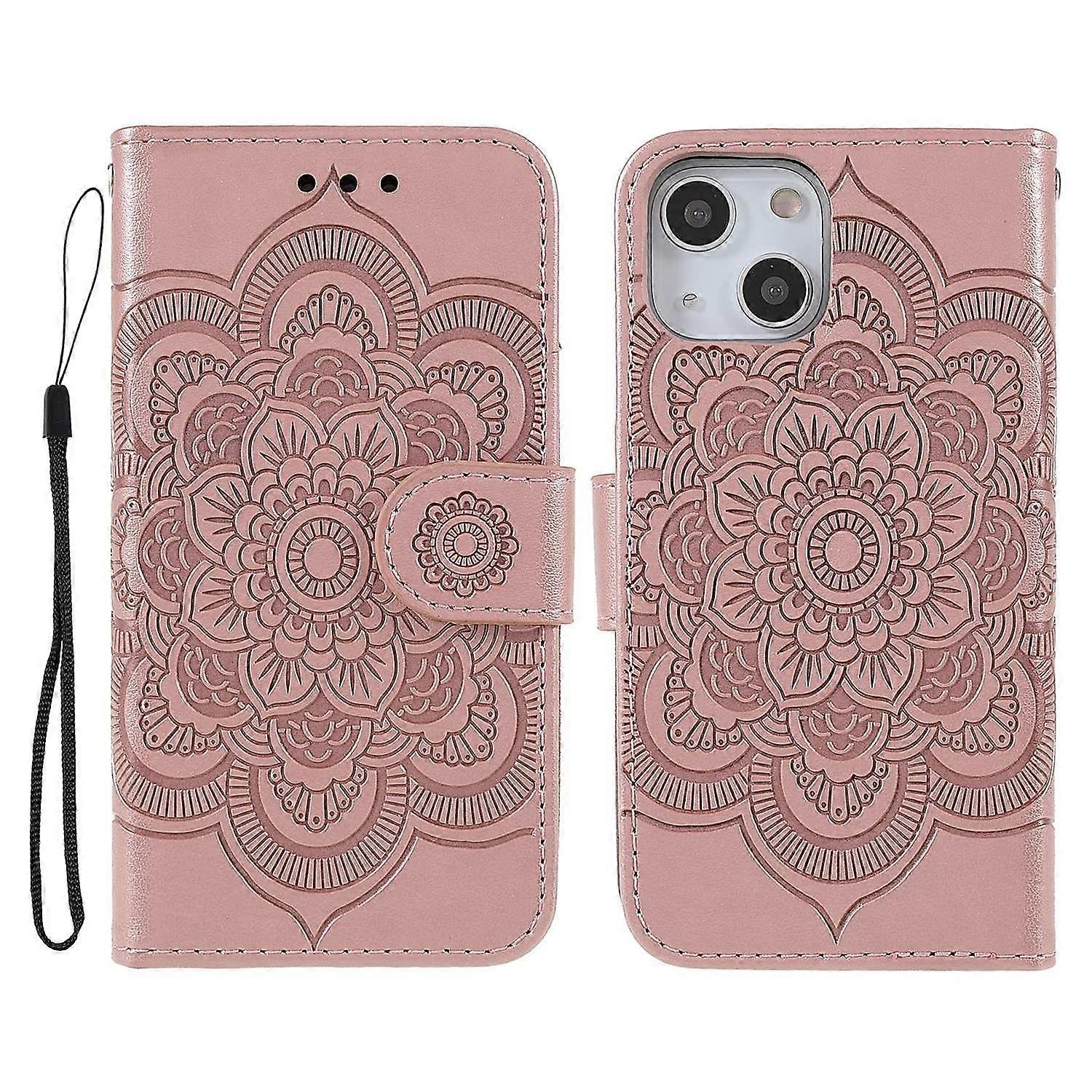 Prägling Mandala Blomma PU Läder Telefonstativ Fodral Plånboksfodral med Rem för iPhone 14 13 - Ros