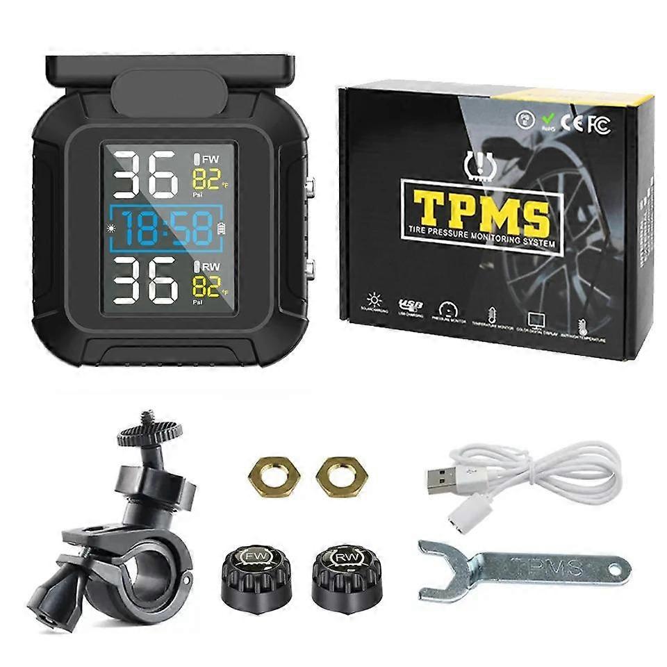 Solar Power Motorcycle TPMS Solar Power Tire Pressure Monitor with 2 external Sensors Tire Pressure Monitoring Alarm System