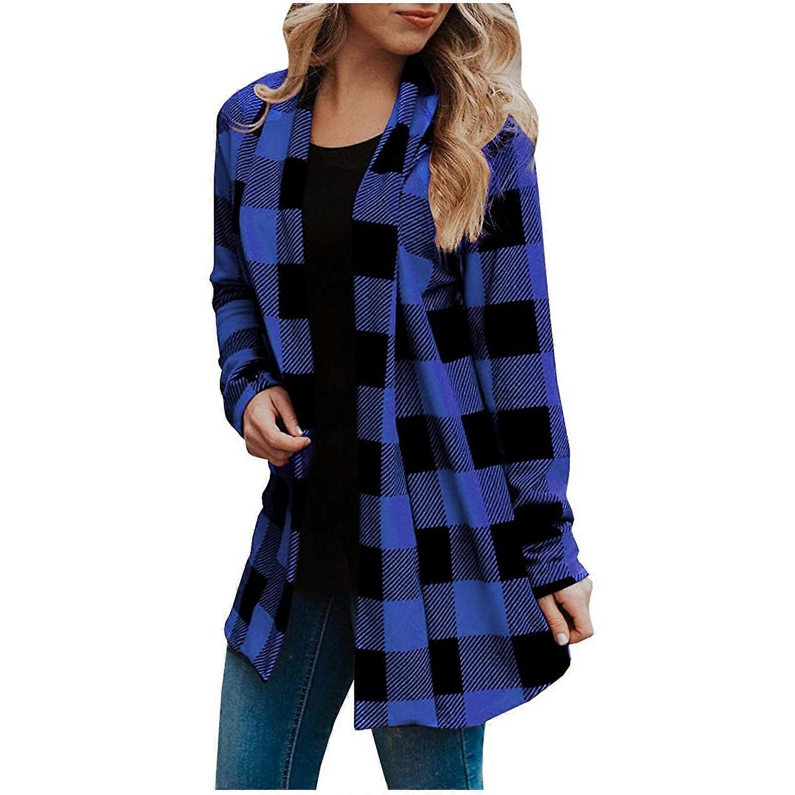 Women's Checked Shirt Jacket with Hood Pockets Long Sleeve Overshirt Blue