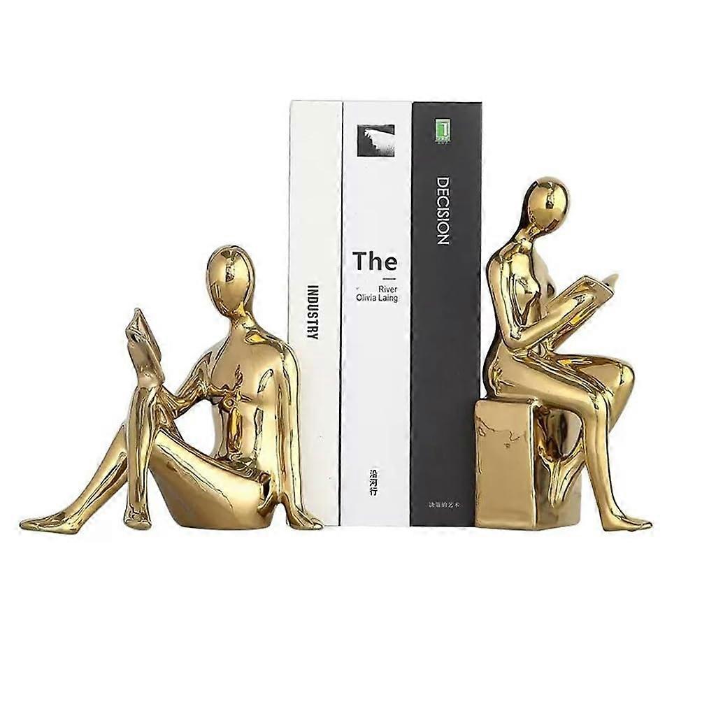 Character Book File Ornament Reading Gold Man Statue - Decorative Bookshelf Office Study Desktop Accessory, 16x10x16.5cm