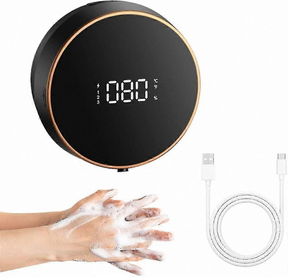 Automatic Wall-Mounted Soap Dispenser with Temperature Display, Rechargeable Electric Unit for Kids and Adults, Black