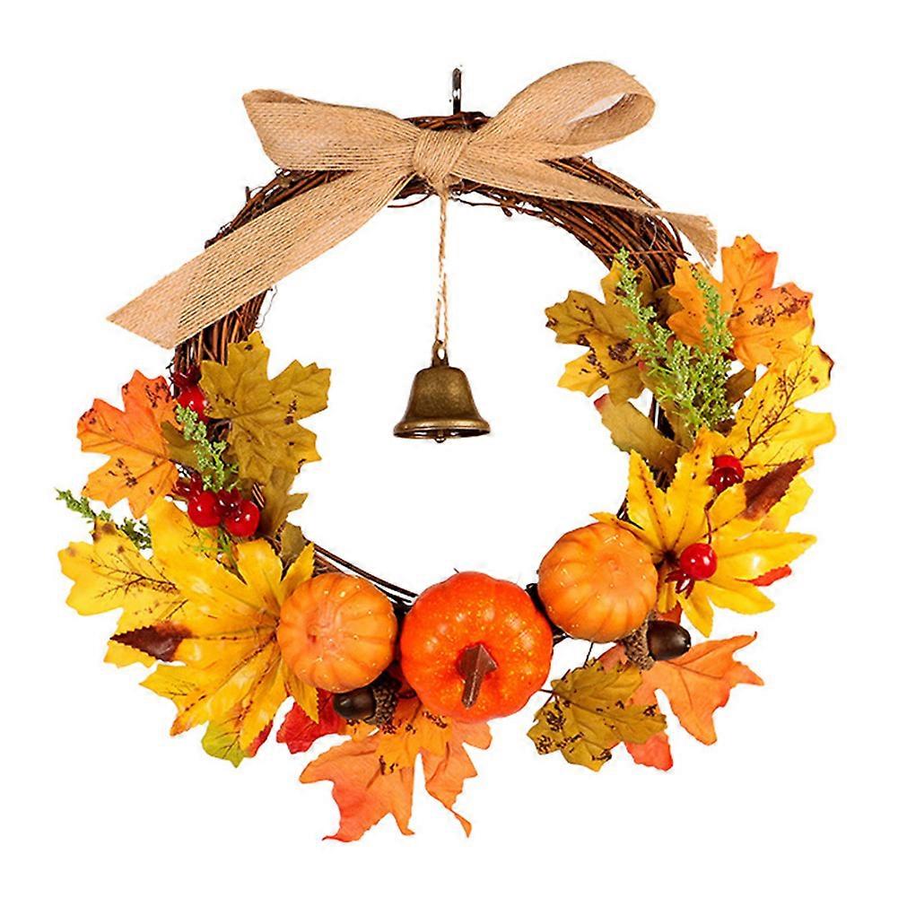 Autumn Leaf Pumpkin Wreath with Bell Thanksgiving Halloween Front Door Home