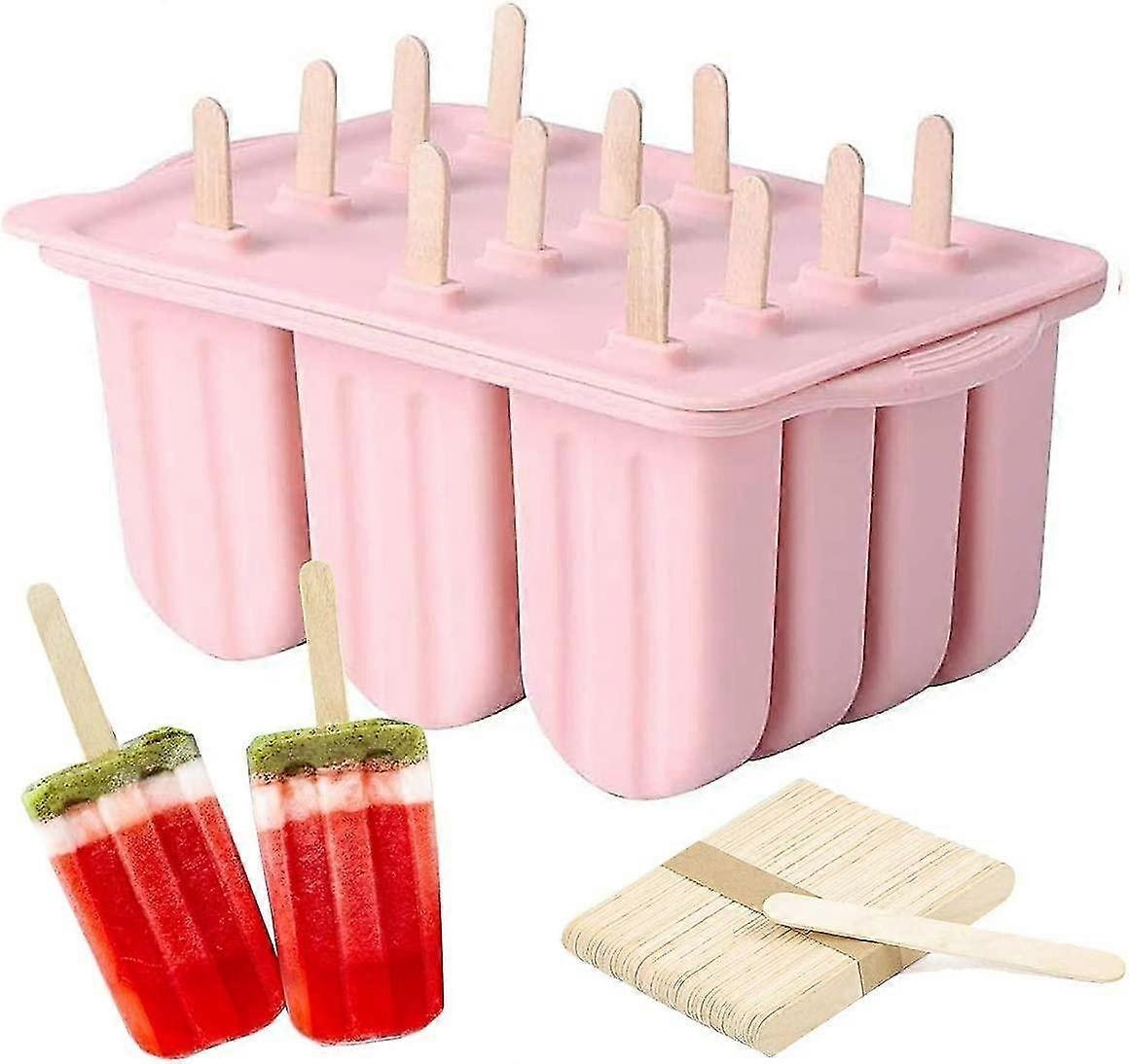 Reusable BPA Free Silicone Popsicle Mold Ice Cream Molds with 50 Wooden Sticks (Pink)