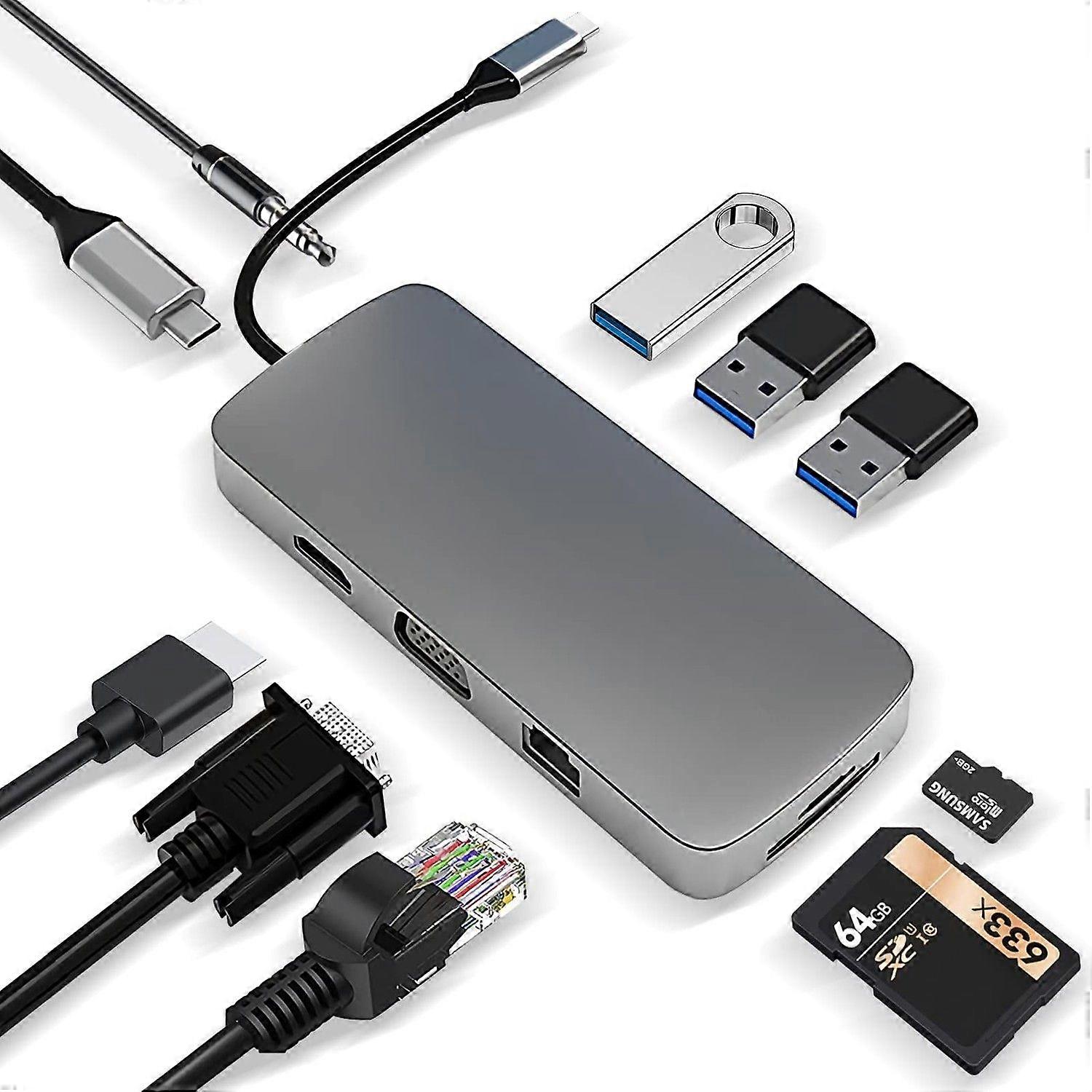 USB C HUB, Docking Station, USB C Adapter 10 in 1 with 4K HDMI, VGA, 100W PD, USB 3.0 Port, RJ45 Ethernet, SD/TF and 3.5mm AUX, Compatible with MacBoo