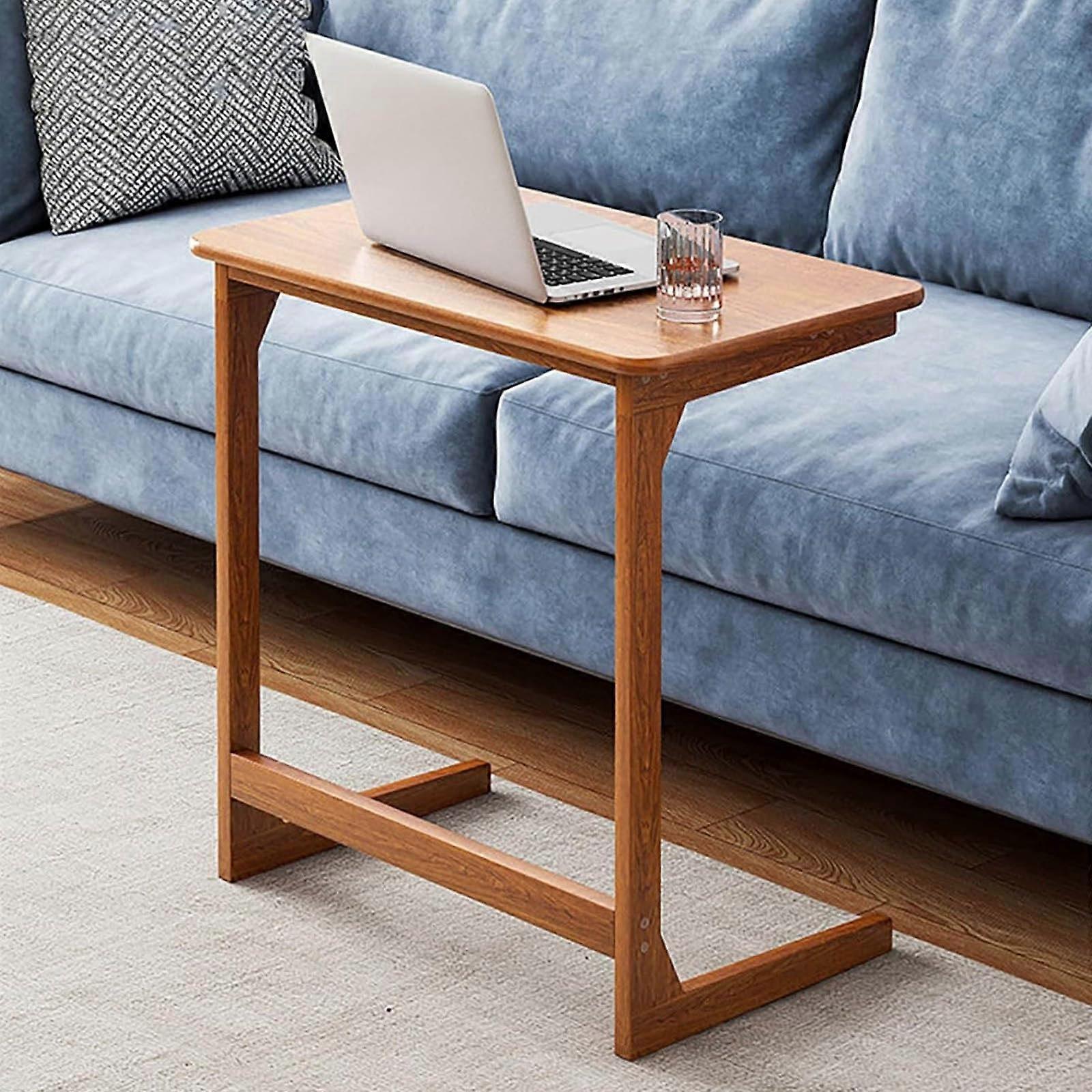Wood Sofa Side Table, Slide Under Couch, Laptop Table, Easy Assembly, Brown Small