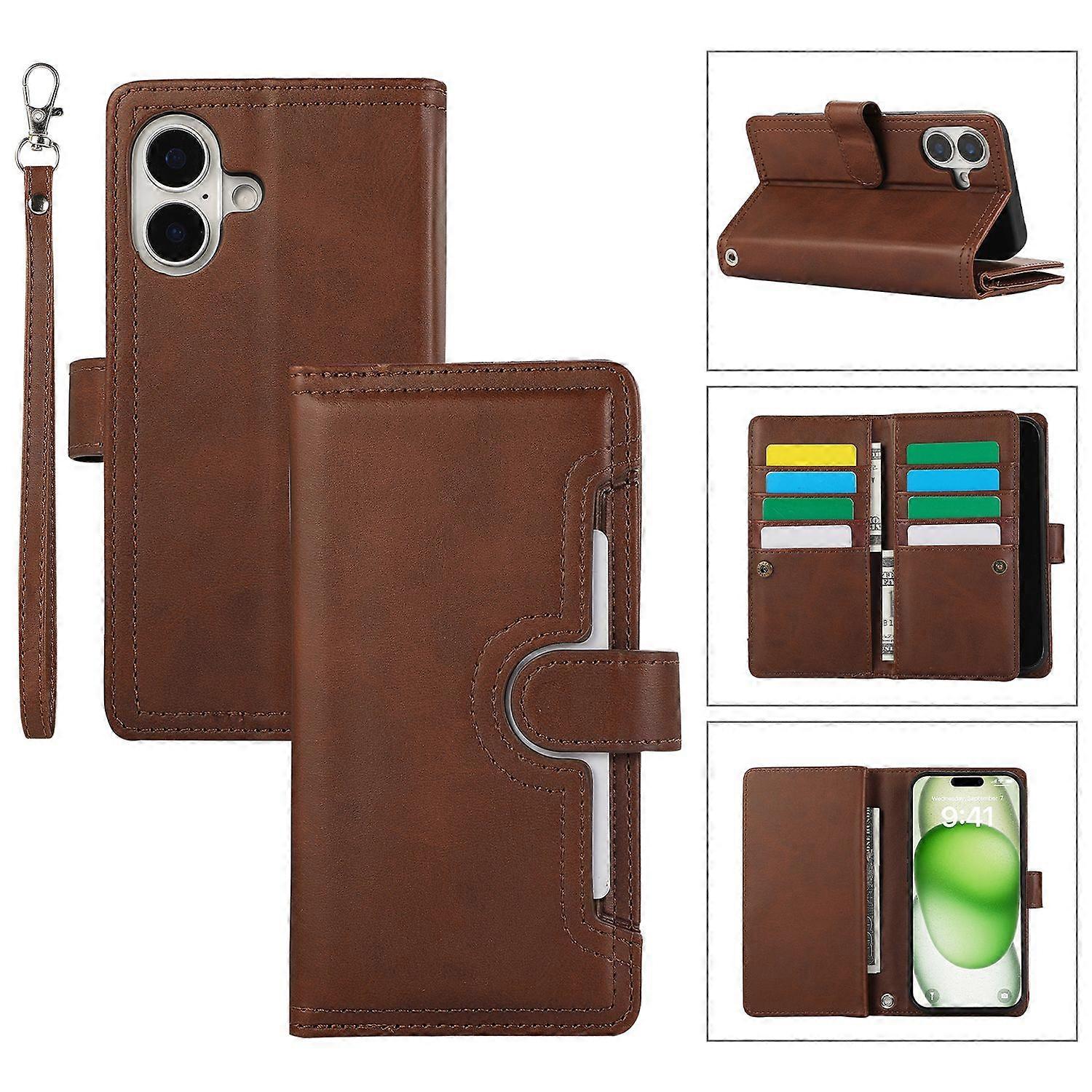 For iPhone 17 Case Split Leather Magnetic Wallet Phone Protector with Wrist Strap - Coffee