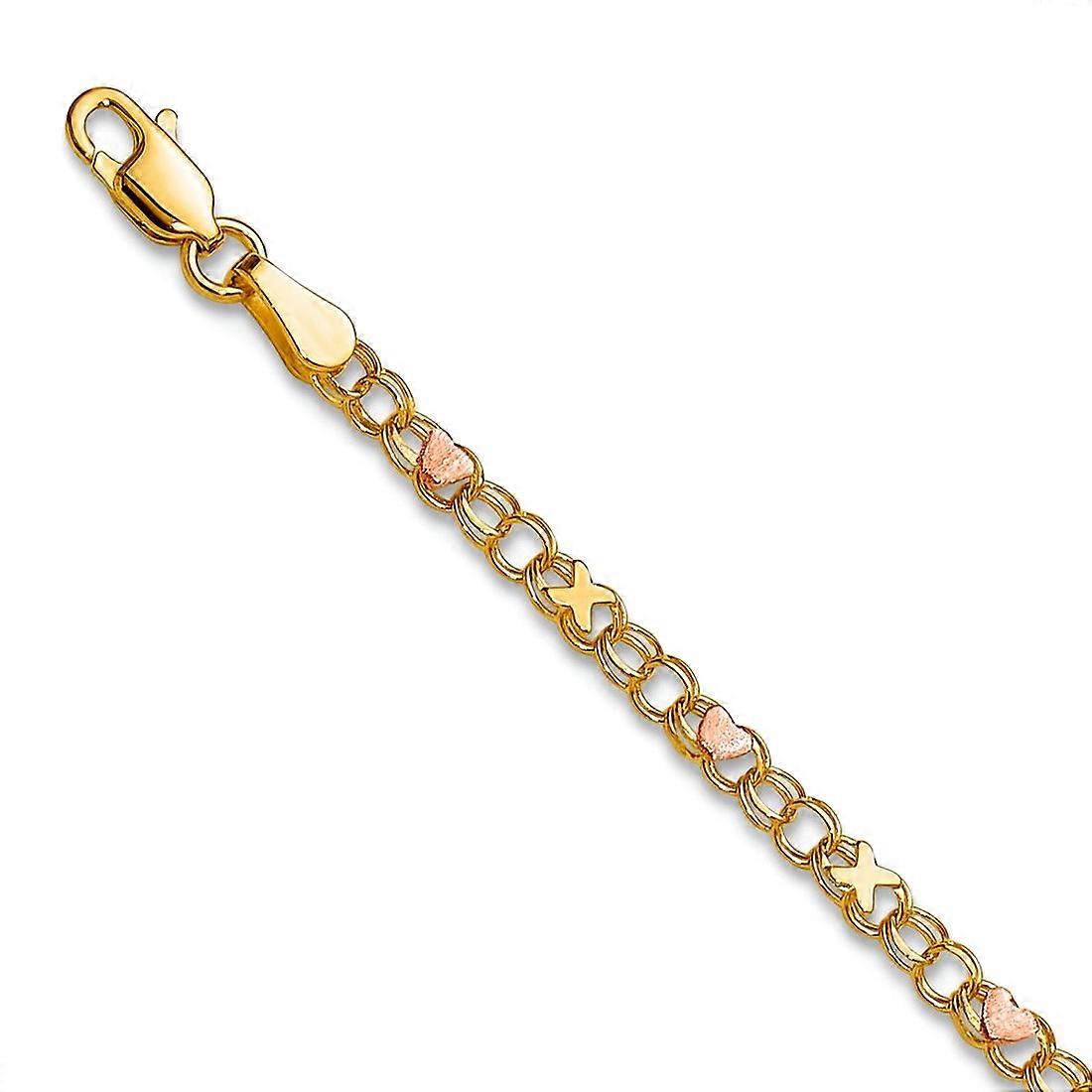 Bracelet à maillons en or jaune massif 10 carats de 2,6 mm avec croix et cœurs d'amour pour femme - Longueur : 7 à 8