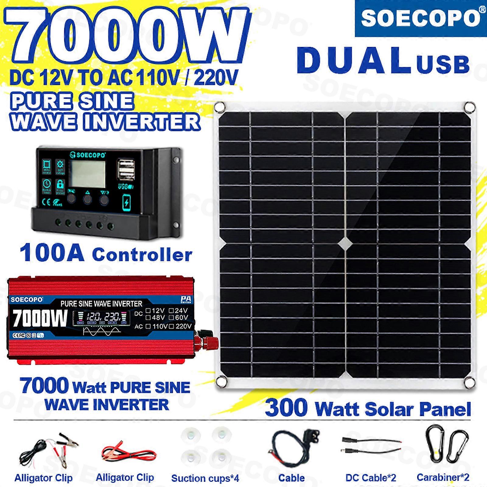 SOECOPO 7000W Portable Solar Power Kit | 300W High-Efficiency Panel + 100A Controller + 12V to 110V/220V Pure Sine Wave Inverter