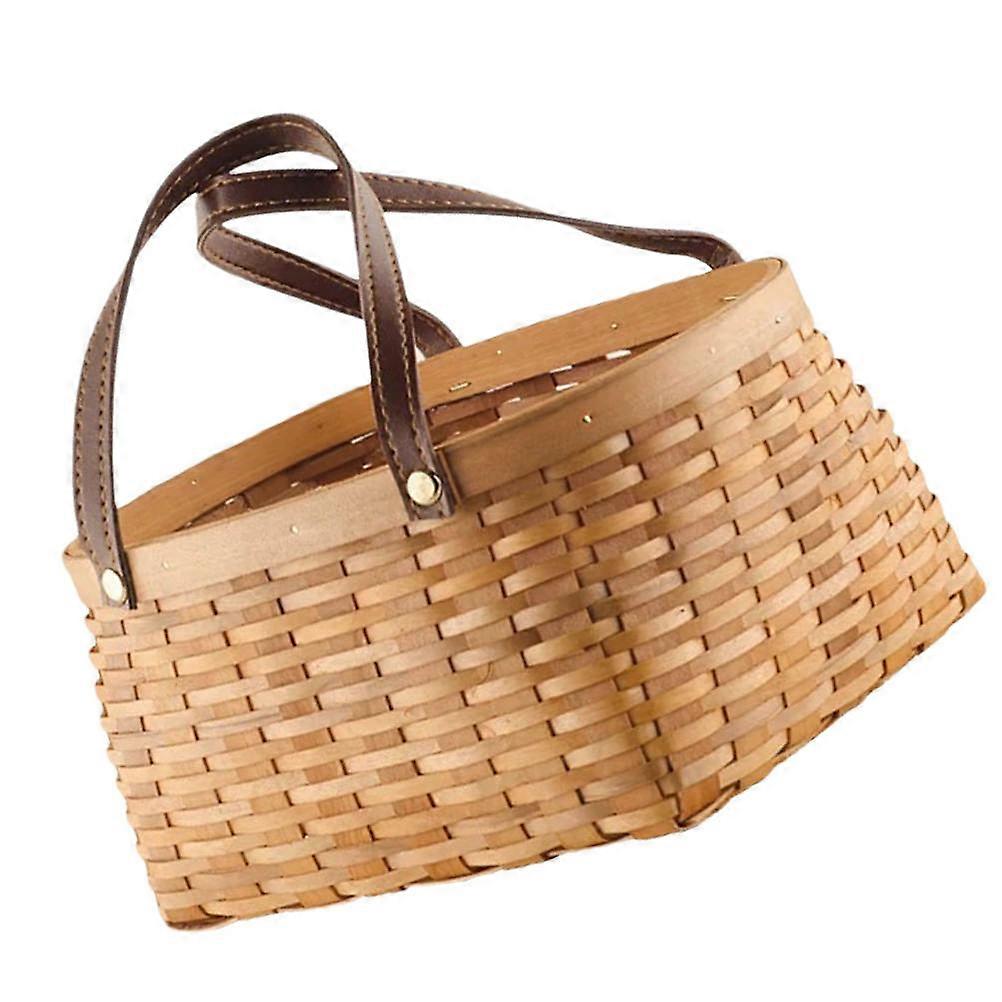 Wooden Basket with Handle Hand Woven Basket for Storage 2Pcs Khaki