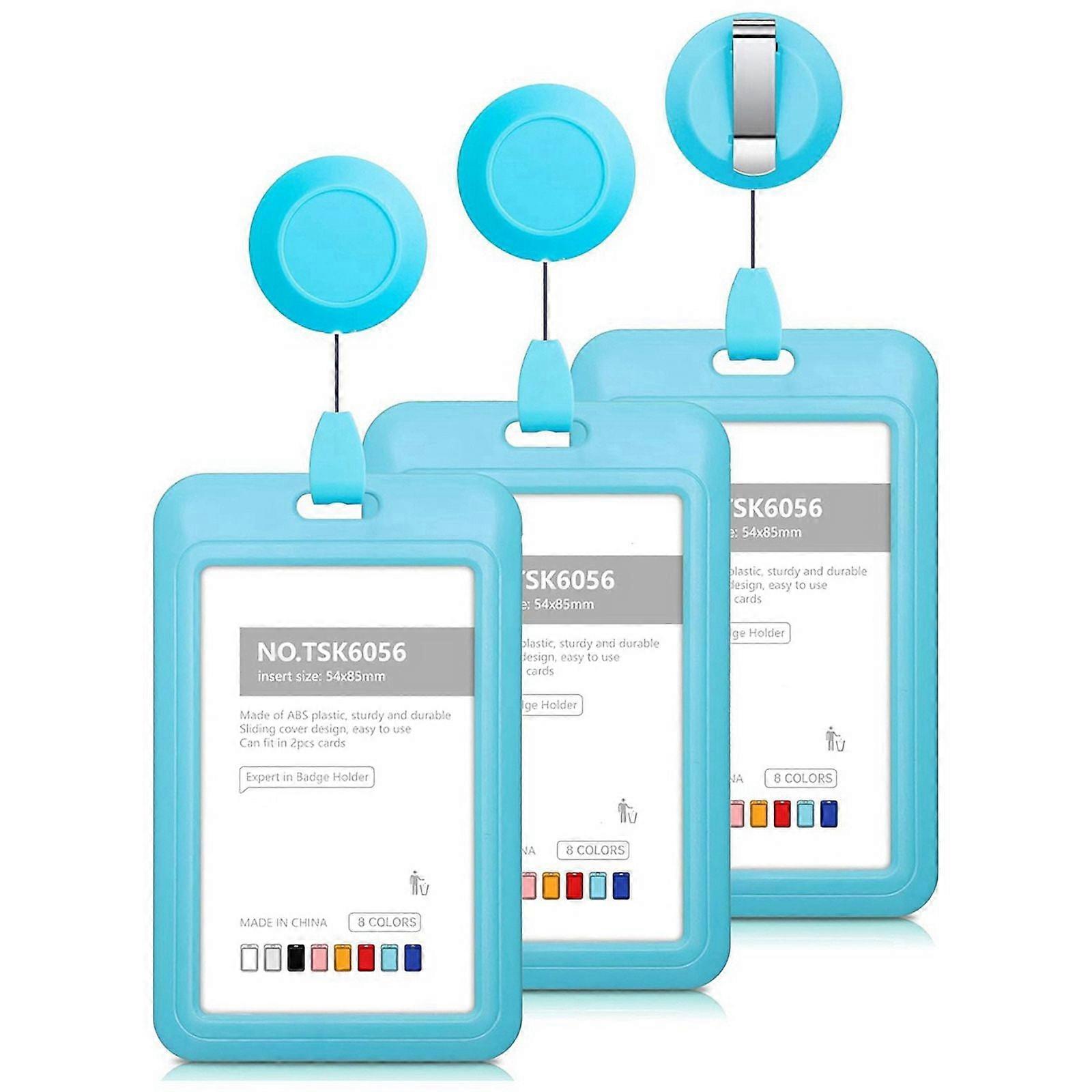 Retractable Badge Holders, Hard Plastic Sliding ID Badge Holder with Retractable Badge Reel Clips , 3 Pack Light Blue