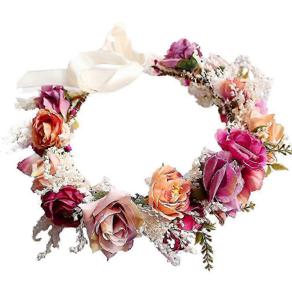 Floral Headband With Adjustable Crown And Ribbon Accents