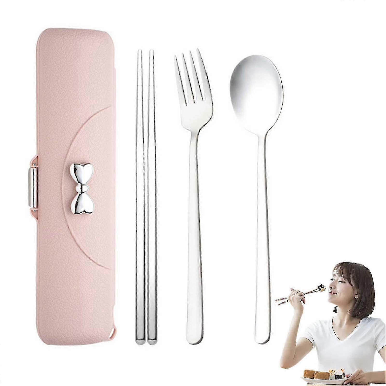 Stainless Steel Camping Tableware Set Portable Forks Chopsticks Spoon Set with Bowknot Case Suitable for Travel Backyard Barbecue