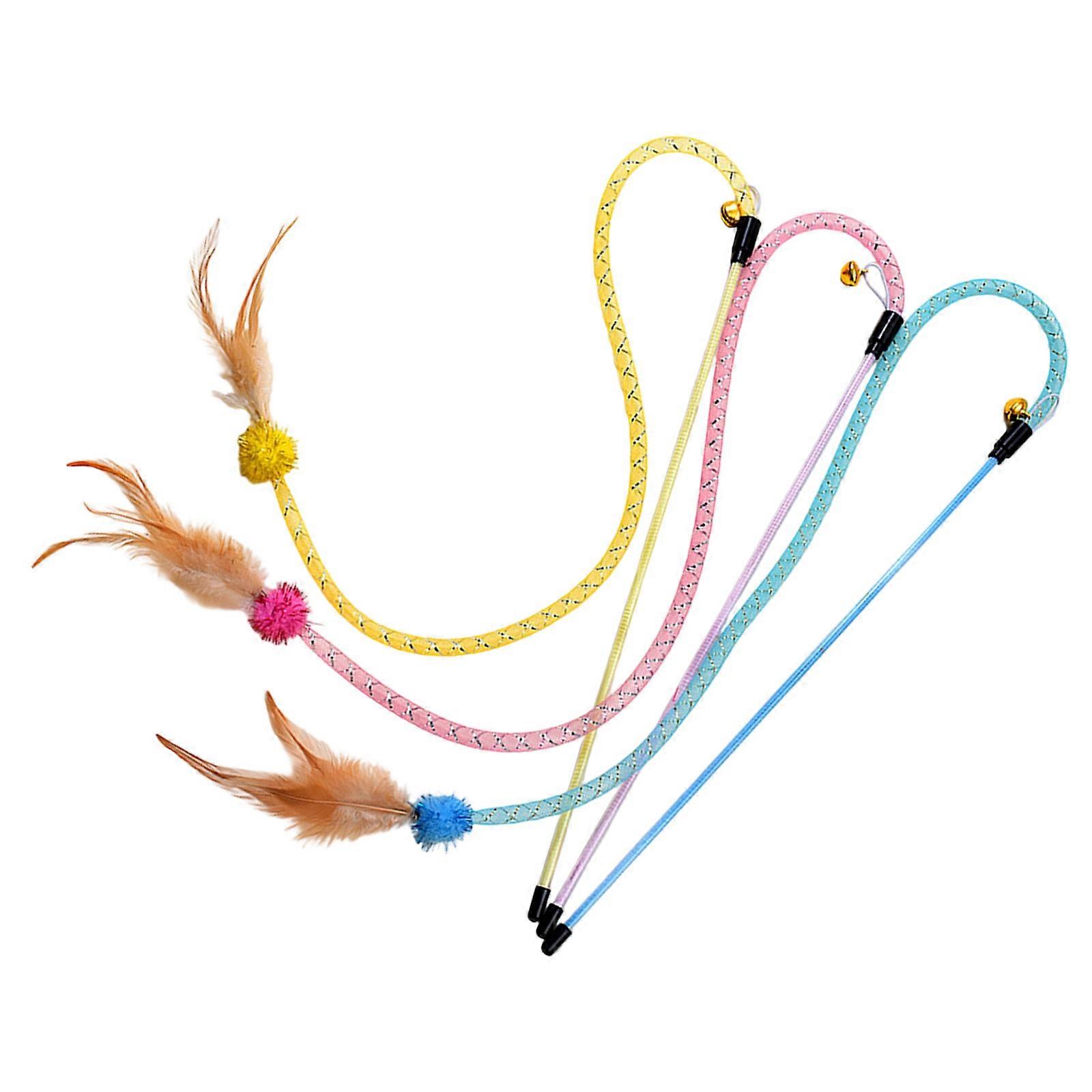 3Pieces Interactive Cats Teaser Toy Set Colorful Elastic Mesh Tube Wand with Soft Feathered Stimulate Hunting Ability Multicolor