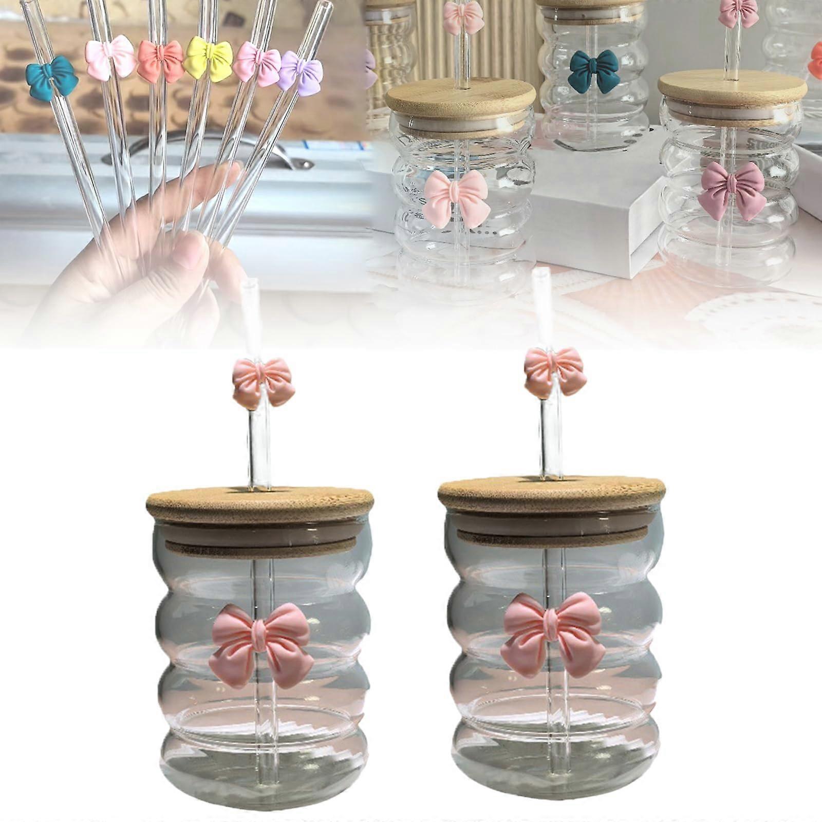 Glass Coffee Cups with Lids and Straws, 300ml Ribbed Reusable Drinkware for Milk Tea, Juice, Home Bar, Set of 2