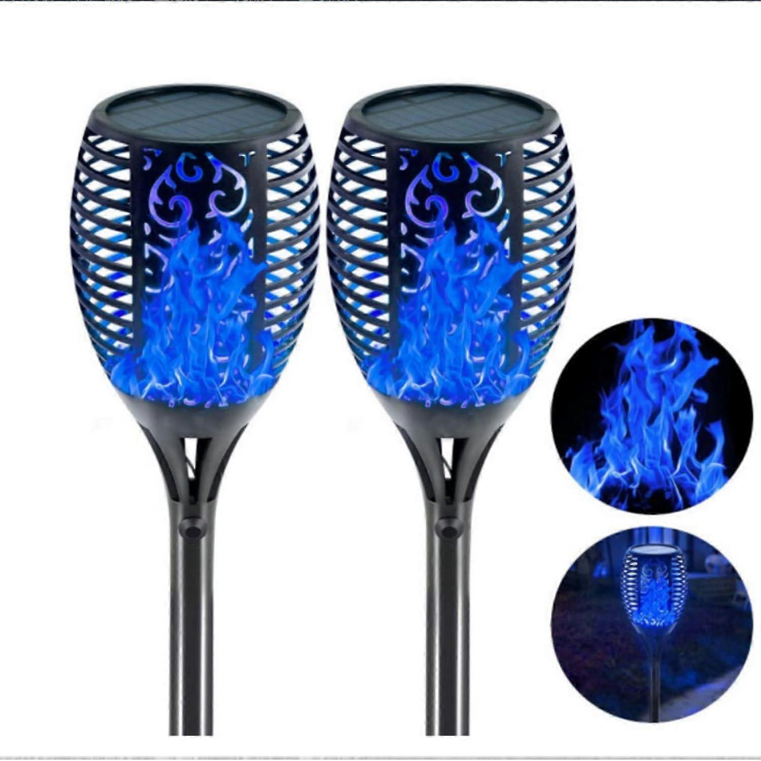 Solar Torch Lights 2 Pack Blue LED Dancing Flame Effect Outdoor IP65 Waterproof Garden Pathway