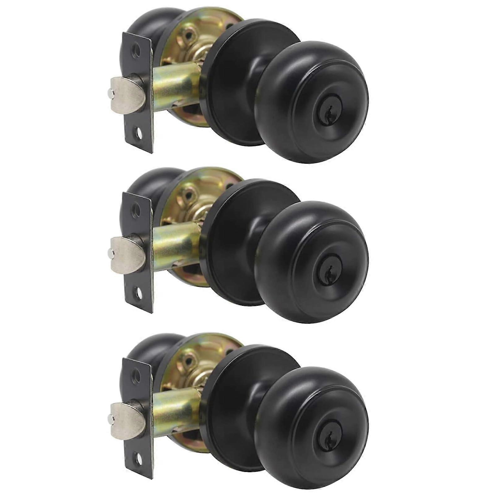 Keyed Entry Door Knob Set Black with Lock and Individual Keys, AntiFingerprint Finish, 3 Pack