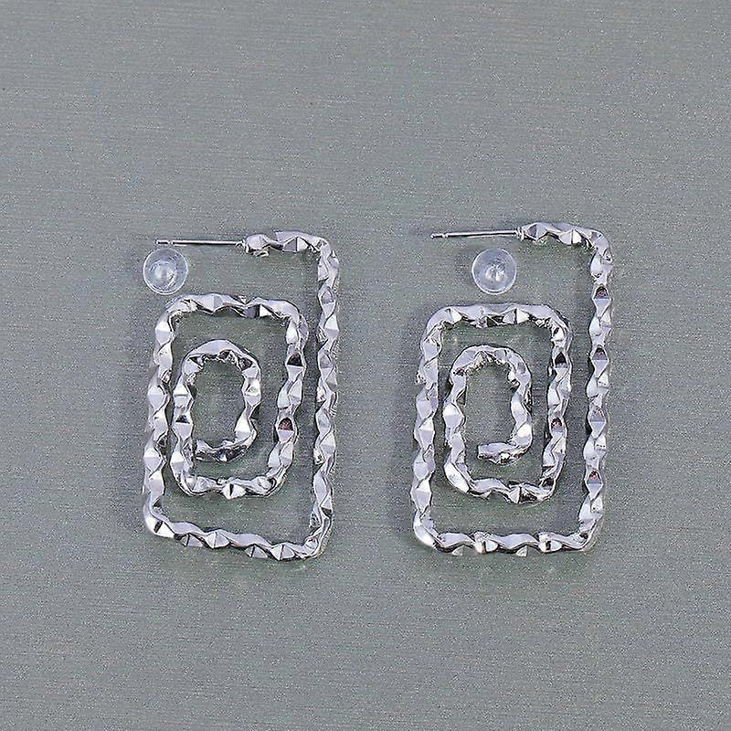 Platinum Plated Rectangular Hoop Earrings for Women Elegant Loop Design Textured Surface Statement Jewelry