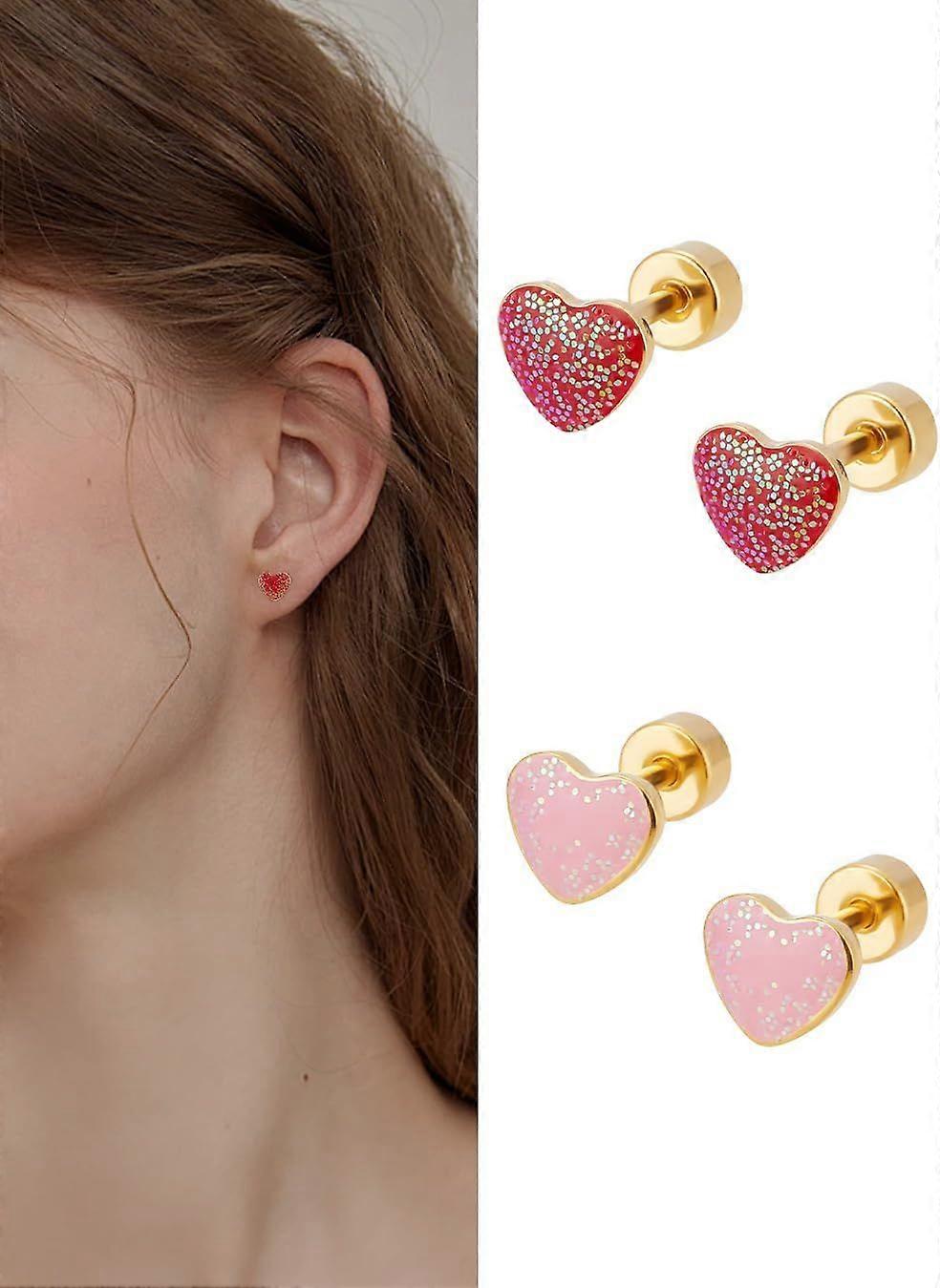 2 Pairs Cute Tiny Sequins Stud Pink Red Enamel Tiny Small Stud Earrings Heart Love Earrings Heart Earrings Initial Earrings Heart Initial Stud Earring