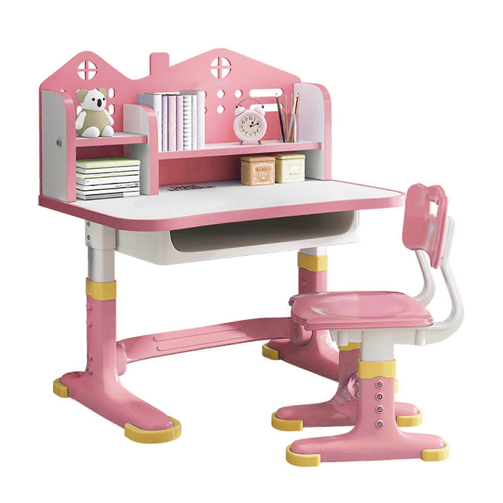 Kids Functional Desk Chair Set, Height Adjustable Children School Study Desk with Bookstand and Storage Drawer Table Chair Set