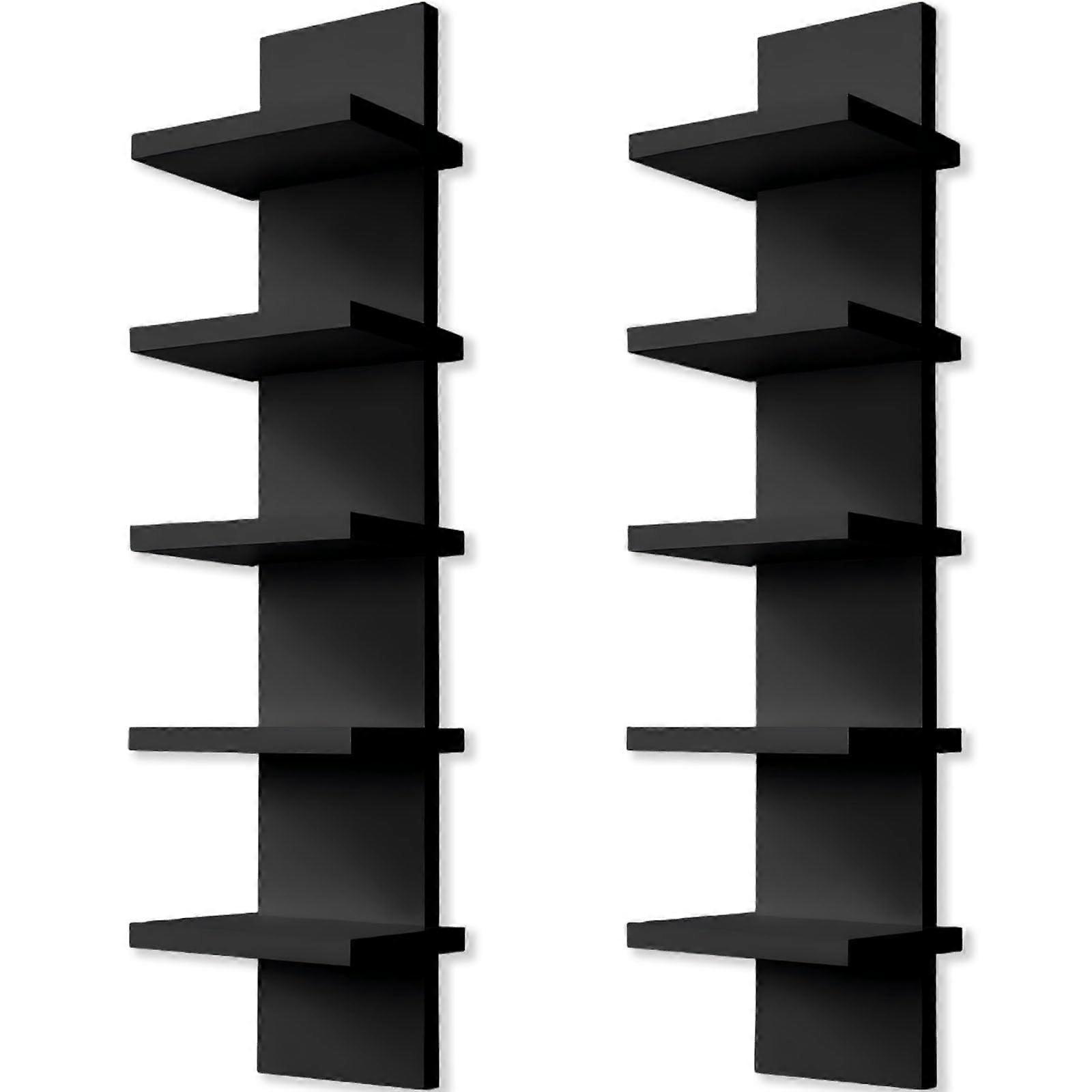 2 Pack 5 Tier Wall Shelf Unit, Black Wooden Floating Shelves for Space Saving Storage and Display