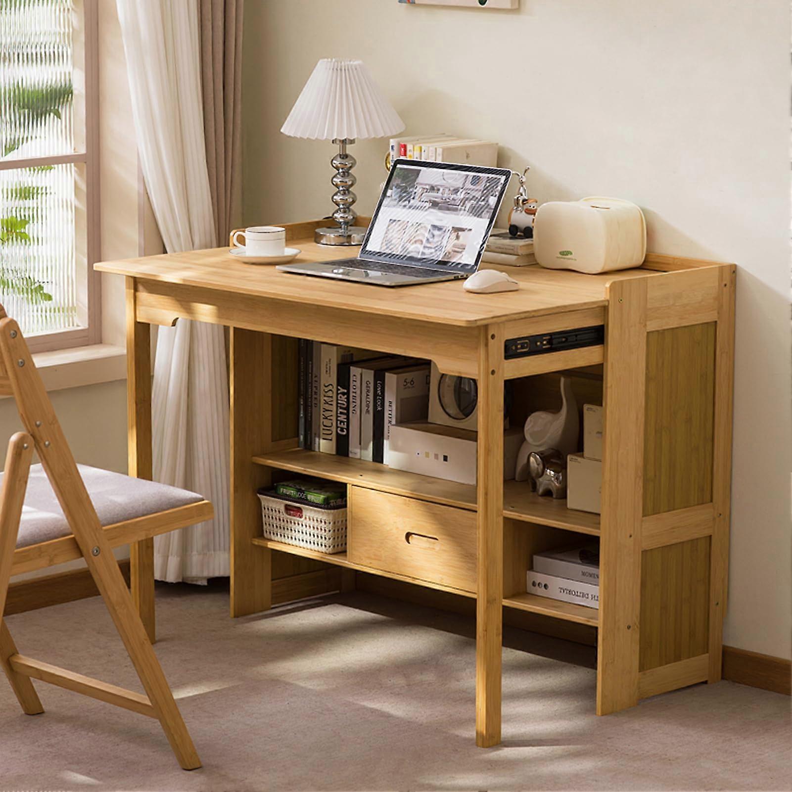Bamboo Folding Desk with Bookshelf and Drawer, Small Computer Table for Home Office Bedroom Study, Natural 30.3'x27'x30.3'