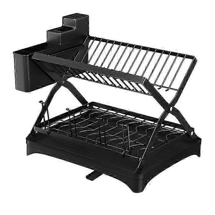 006-WDJ-6958-BK Storage Drain Rack for Kitchen Double-Layer Tableware Folding Container Holder, Black 25-26