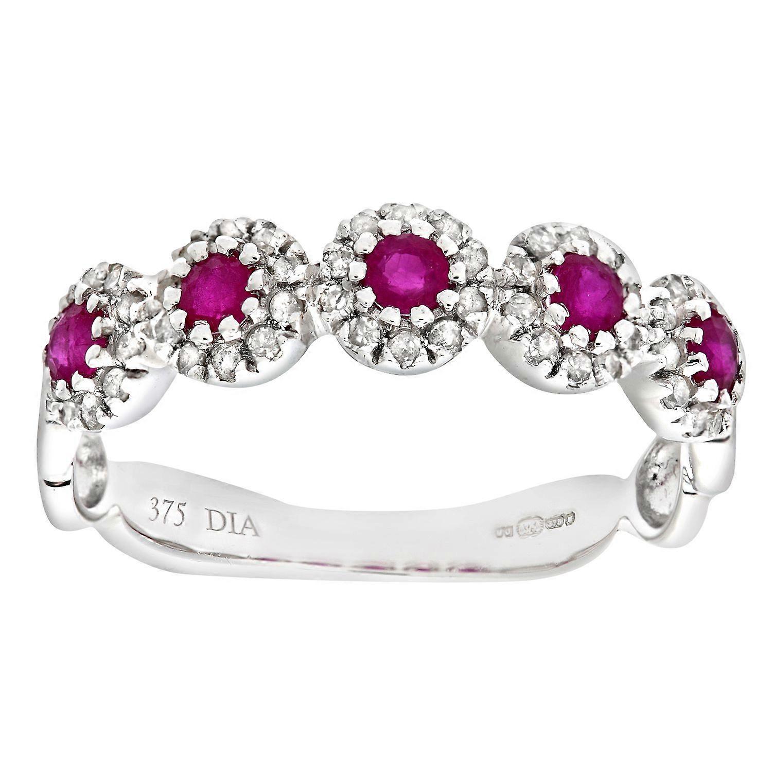 Jewelco London 9ct White Gold 22pts Diamond 0.38ct Ruby Bubble Halo Pentalogy Half Eternity Ring 3mm