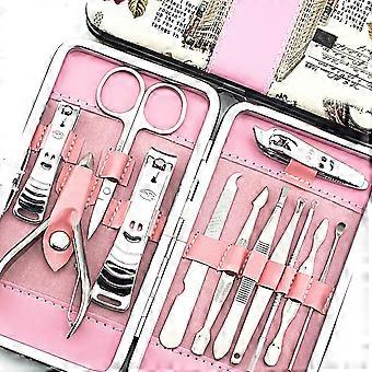 12pcs Stainless Steel Manicure Pedicure Set, Travel Grooming Kit with Leather Case, Flower Design