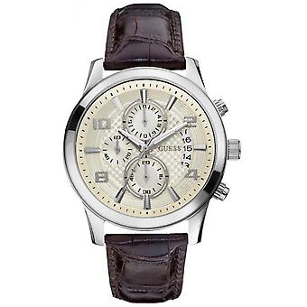R. guess cab. CR. ESF. CR. c. Marron Quartz analoge man horloge met Cowskin armband W0076G2