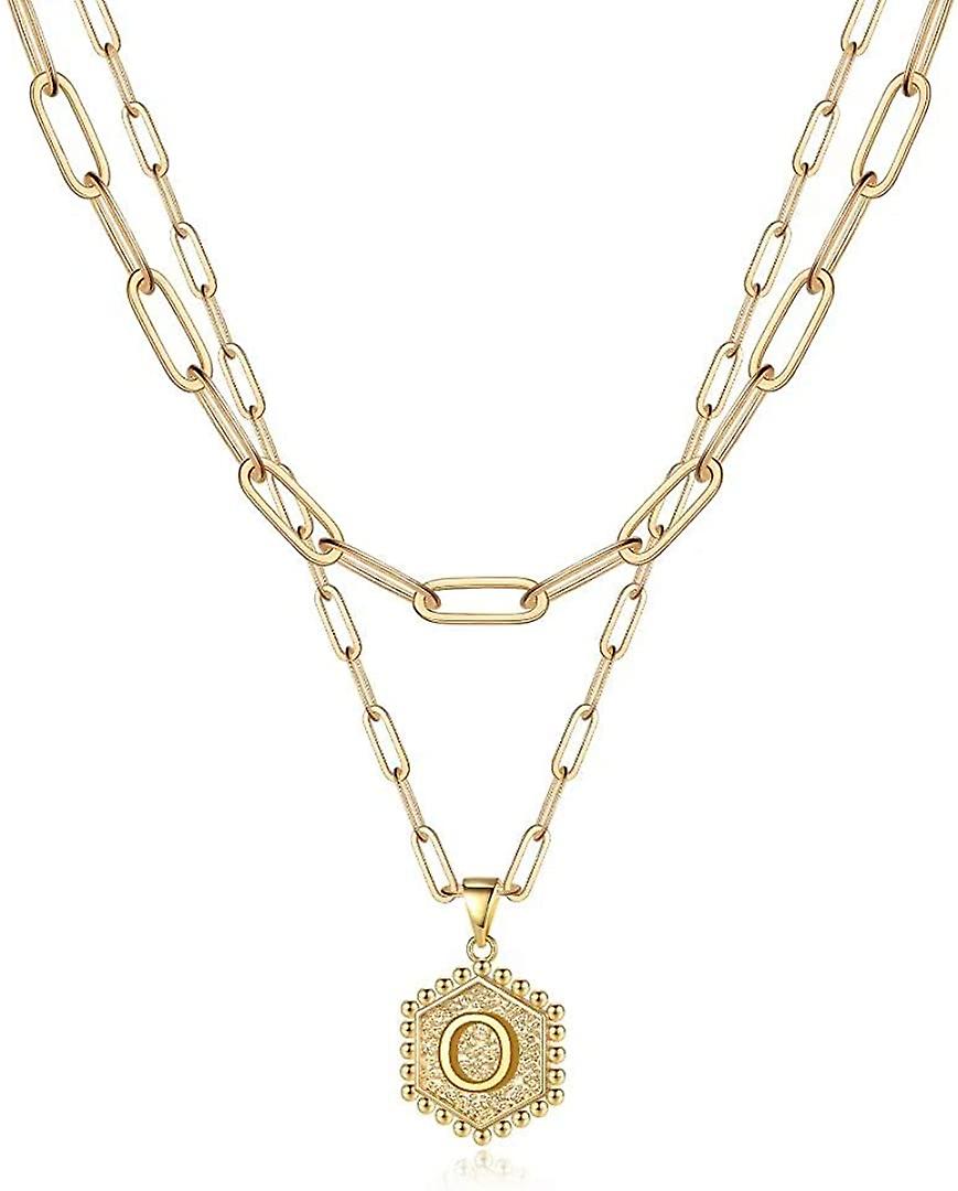 Délicat couches colliers initiales pour femmes, collier chaîne trombone plaqué or 14 carats Simple mignon hexagone lettre pendentif initiale collier ras de cou or L