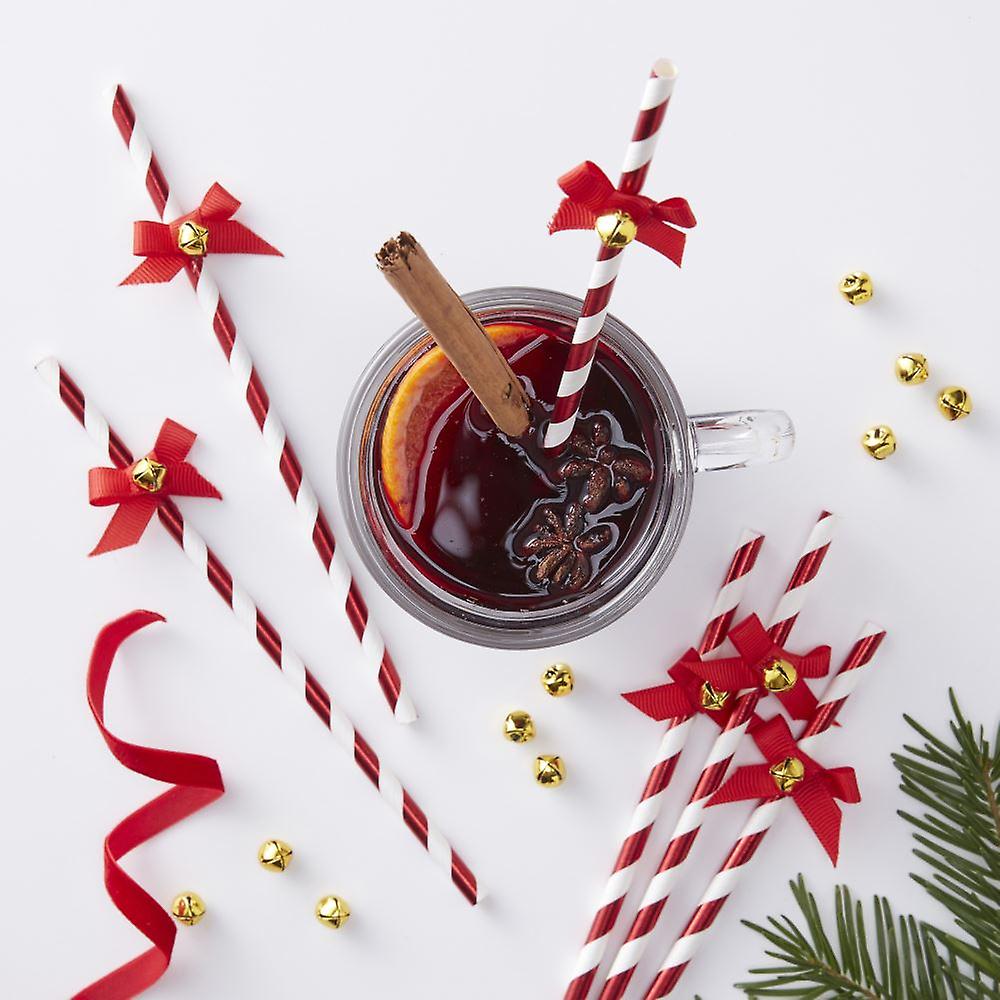Red Christmas Paper Straws With Bells | Festive Striped Party Table x 10