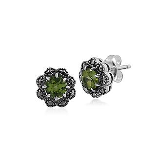 Floral Round Peridot & Marcasite Cluster Stud Earrings in...