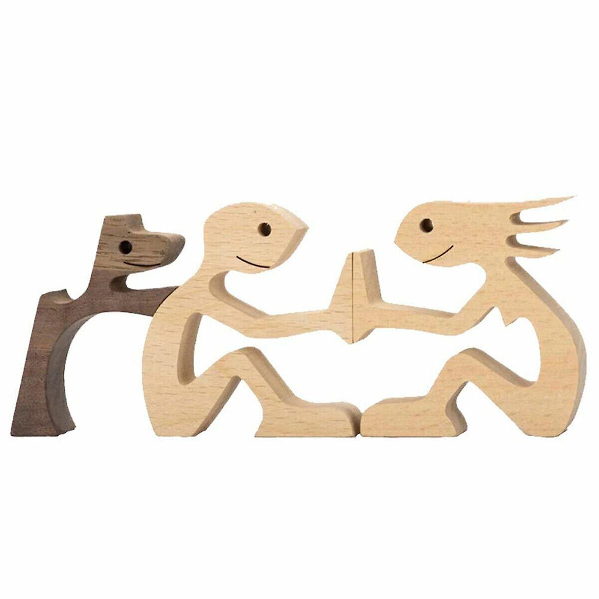 Wooden Statue Sitting Woman and Dog Creative Decor Craft Desktop Figurine Home