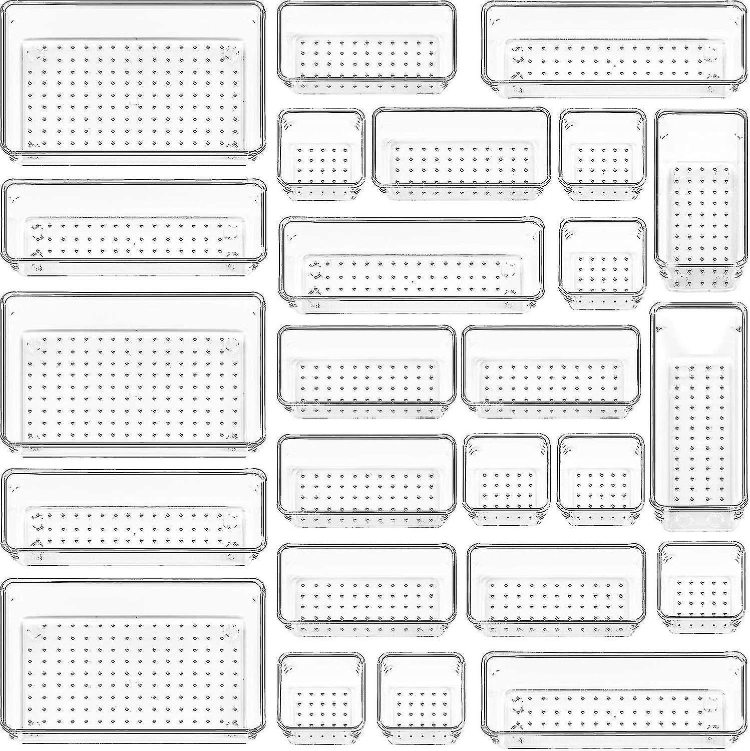 25 قطعة مجموعة منظمات درج بلاستيكي شفاف ، 4 أحجام حمام متعدد الاستخدامات ومنظم درج الغرور Tr