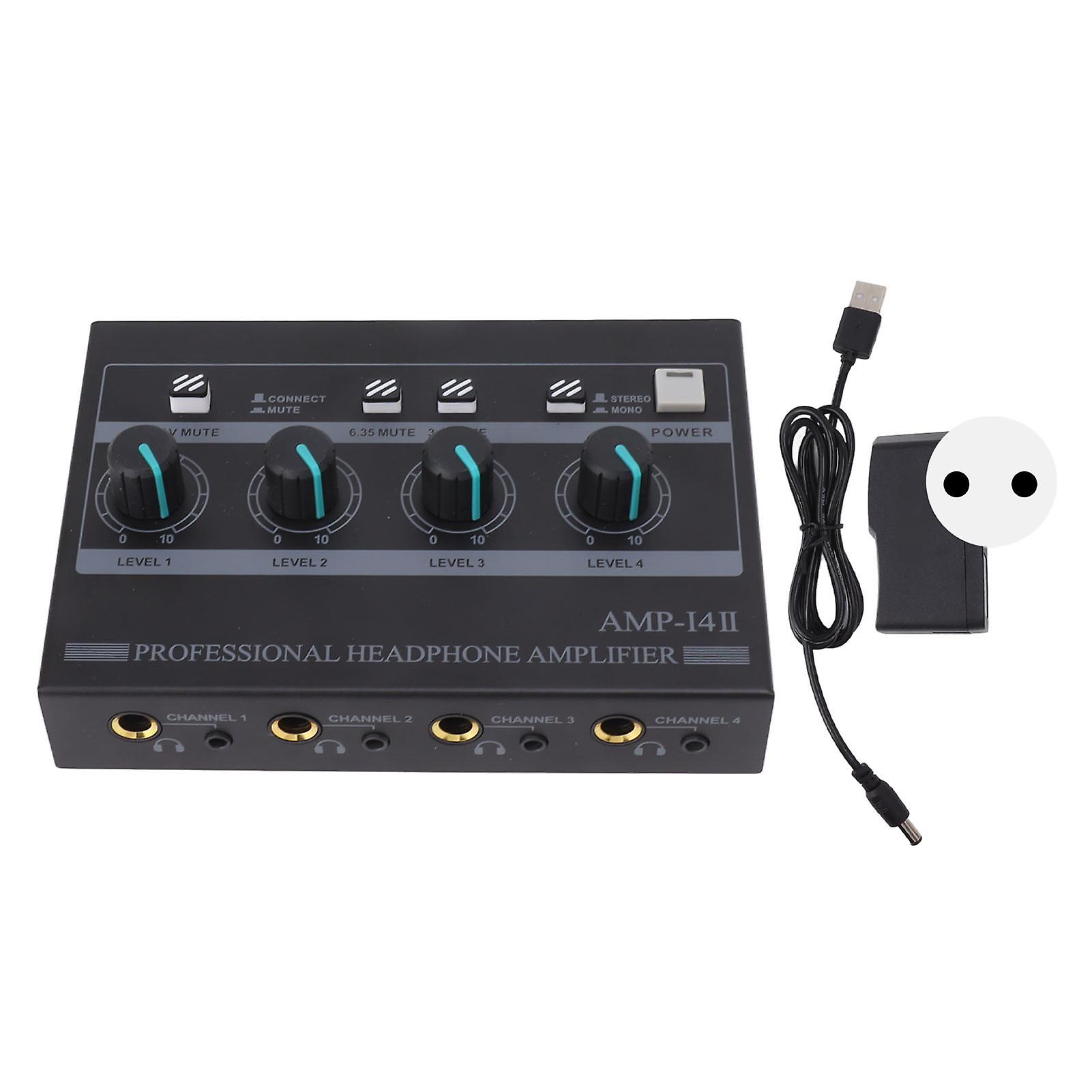 Speaker Amplifier 4 Channels Metal Stereo Amplifier Mini Headphone Splitter for Studio and Stage 100 to 240V EU Plug