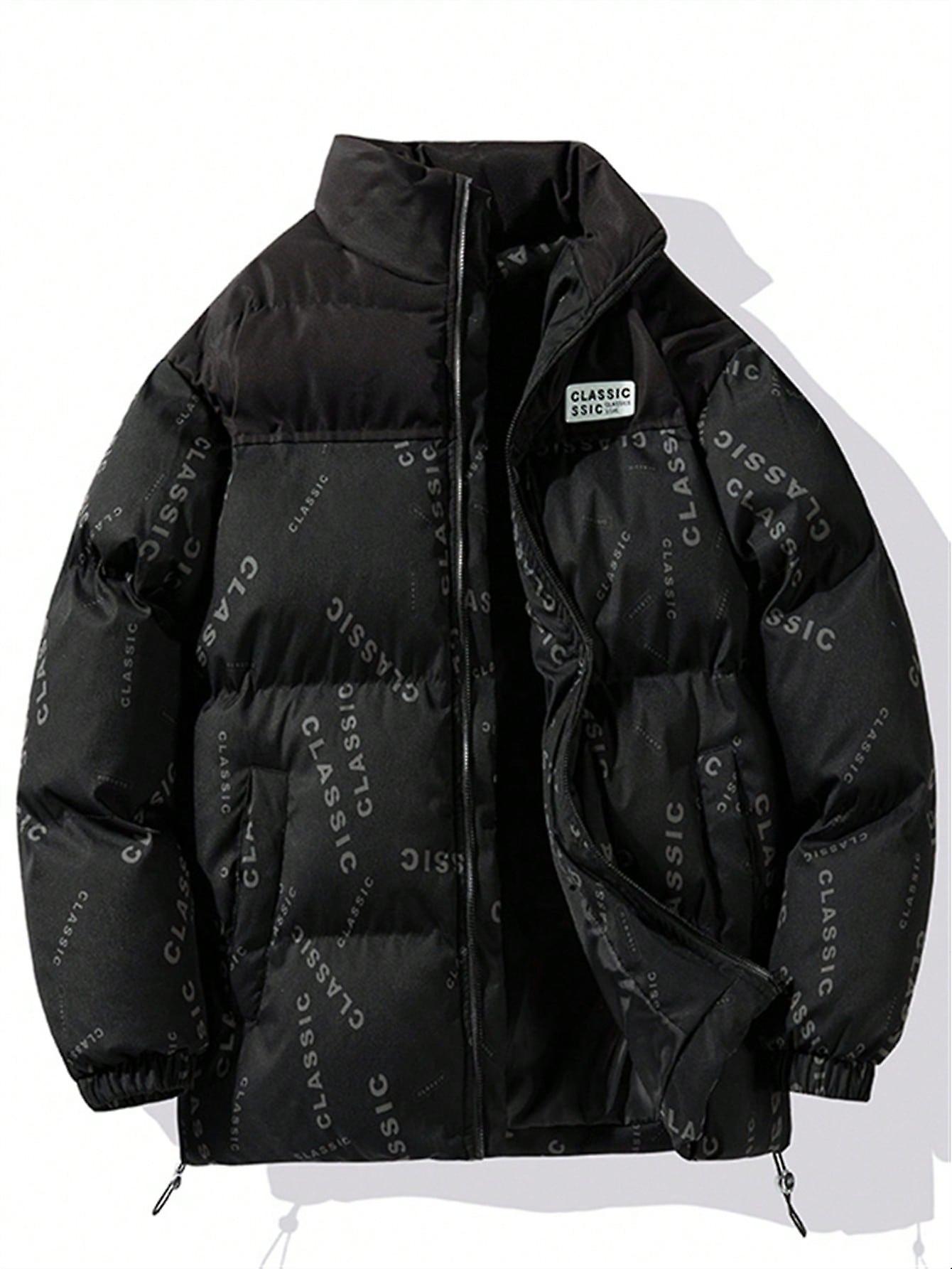 Men Colorblock Letter Graphic Drawstring Hem Puffer Coat