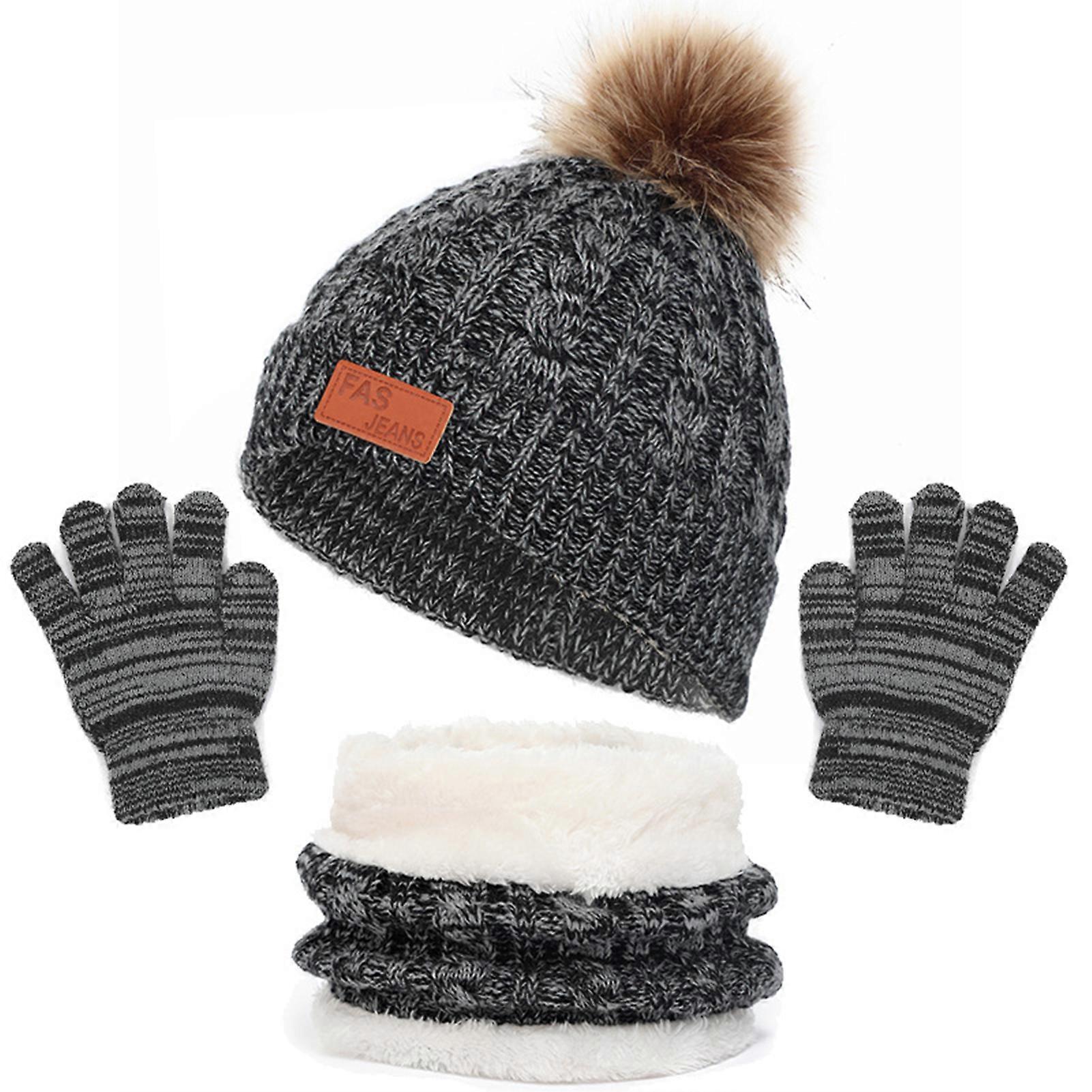Winter Wear Set with Beanie/Scarf/Gloves Fashion Soft Thick Warm Knitted Hat Set with Pompom for Autumn