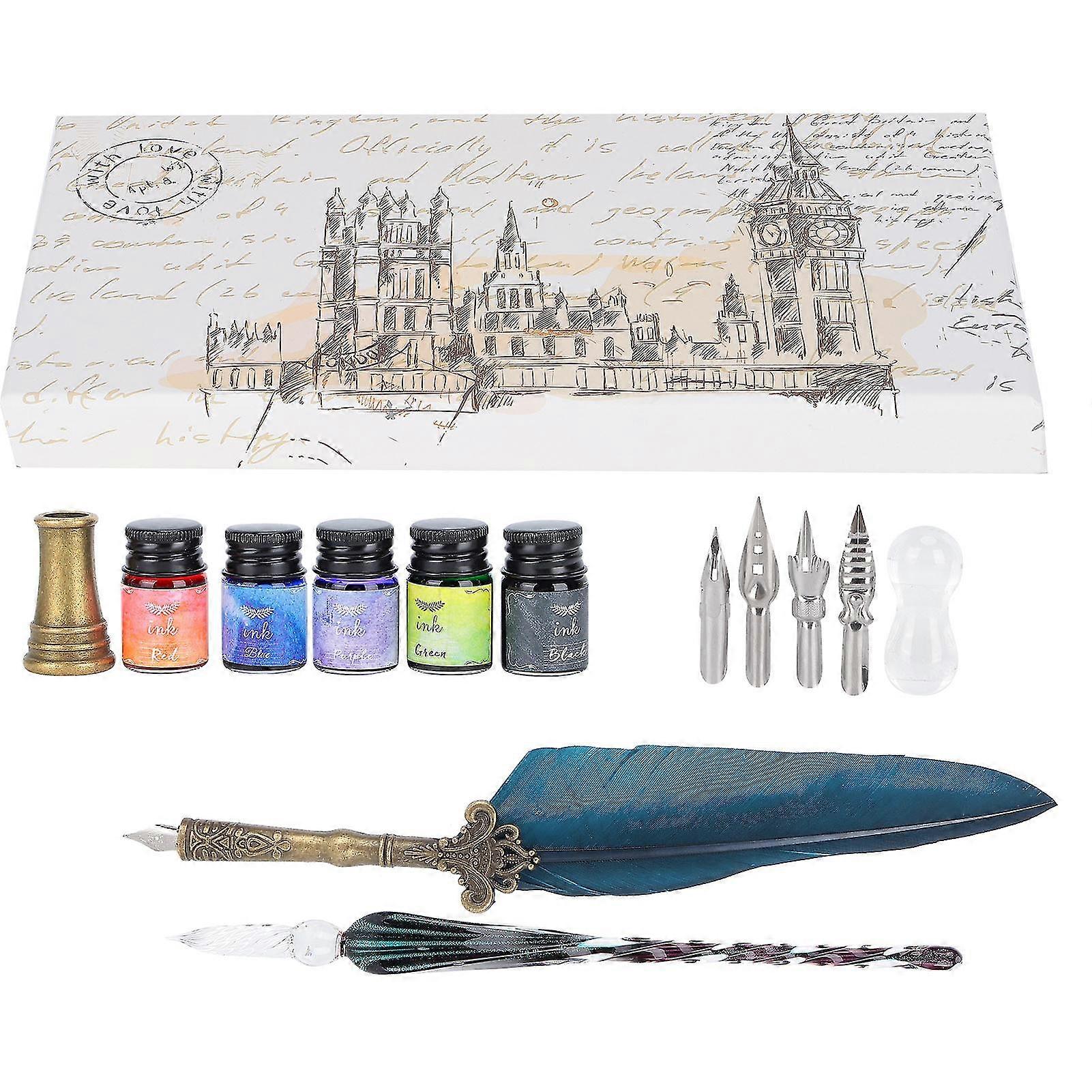 Navy Calligraphy Pen Set with Glass Ink, Replaceable Nib, and Writing Gift Box