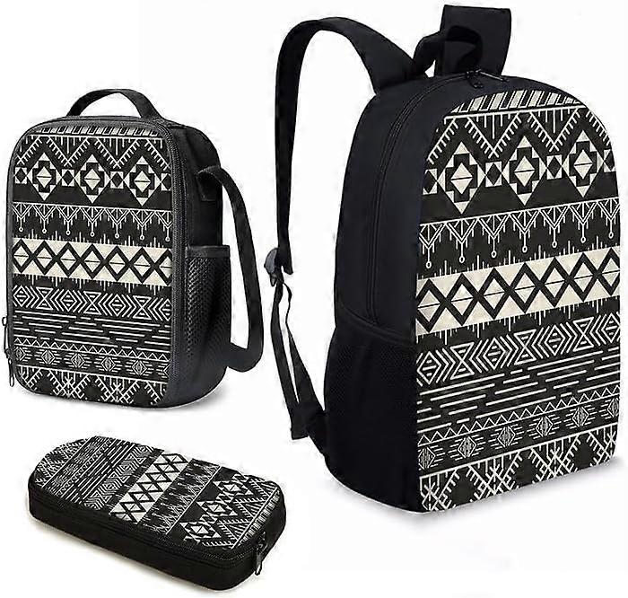 Black Aztec Ethnic Tribes Print 3pcs Backpack with Lunch Bag for Boys, 17 Inch Backpack Set for Teenage Cool Kids School Shoulder Bags Thermal Lunch B
