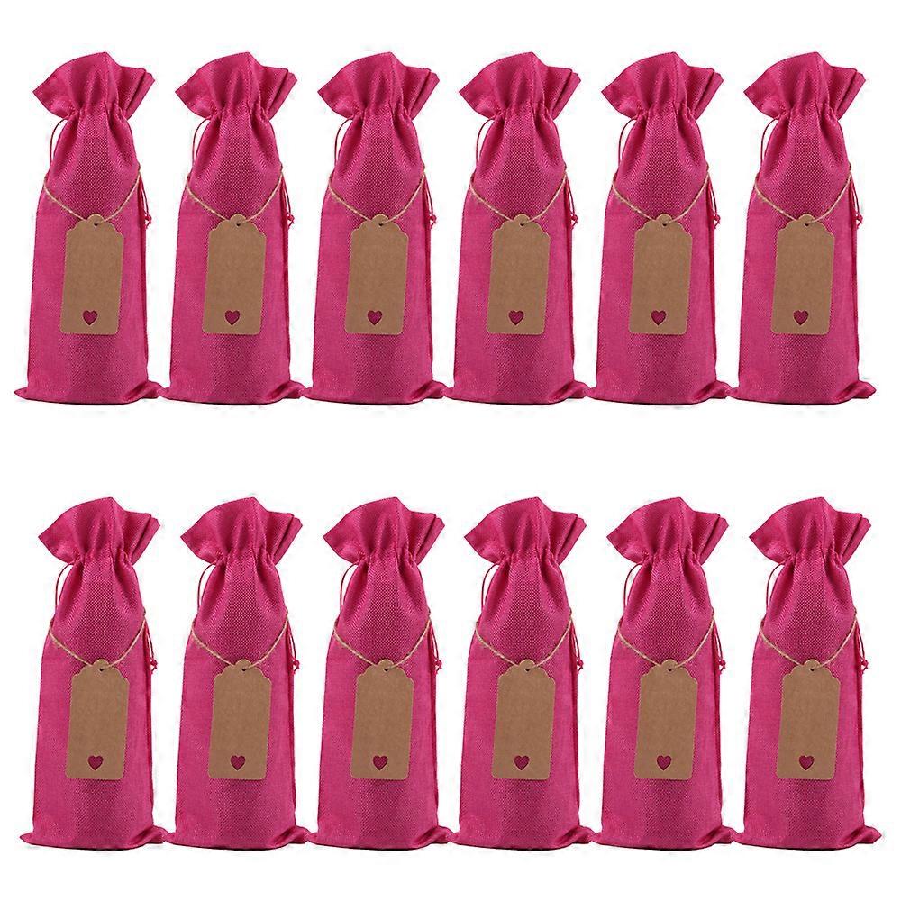 12-Pack Reusable Linen Drawstring Wine Bottle Bags with Blank Labels (Khaki)