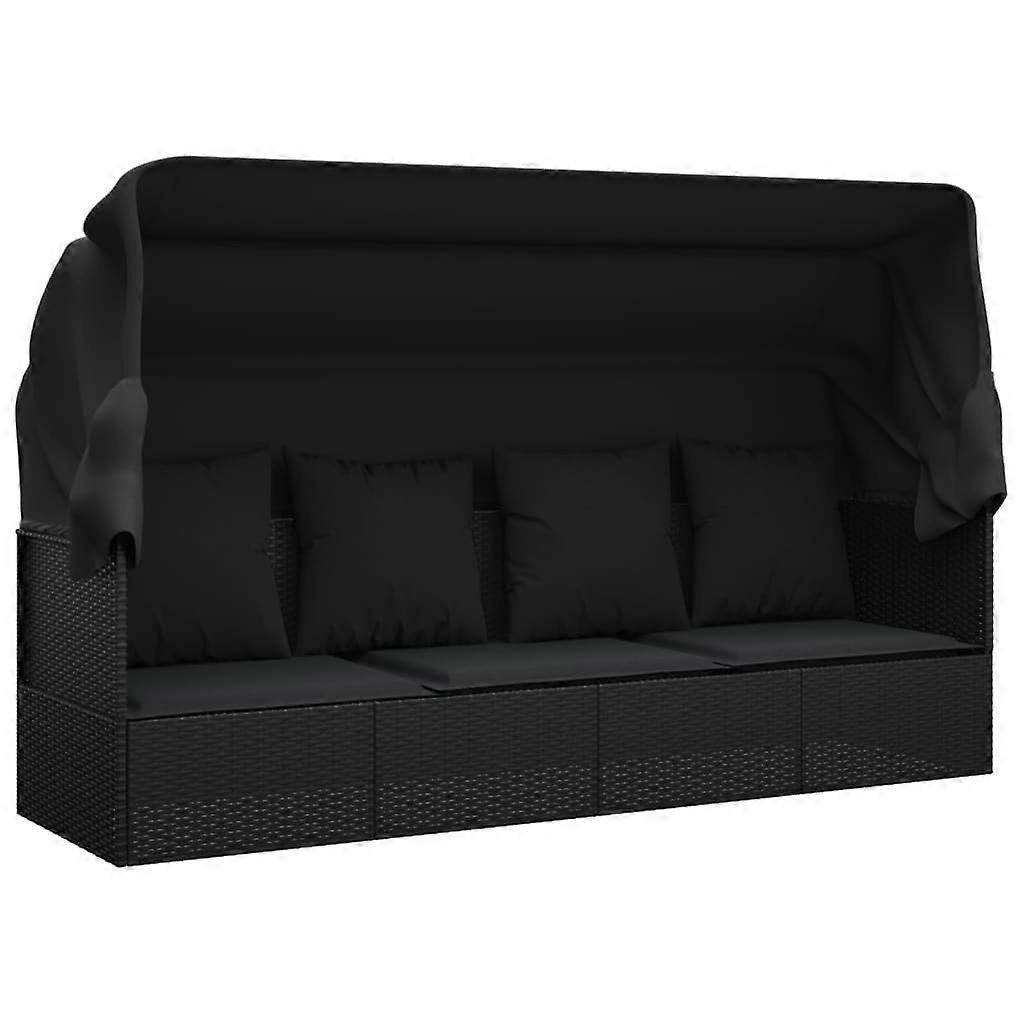 Lettino da esterno con tetto e cuscini Lettini in polyrattan nero