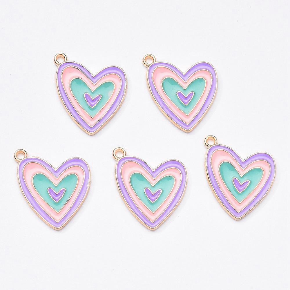 Light Gold Plated Alloy Enamel Pendants Heart Colorful 19x19x1.5mm Hole: 1.6mm