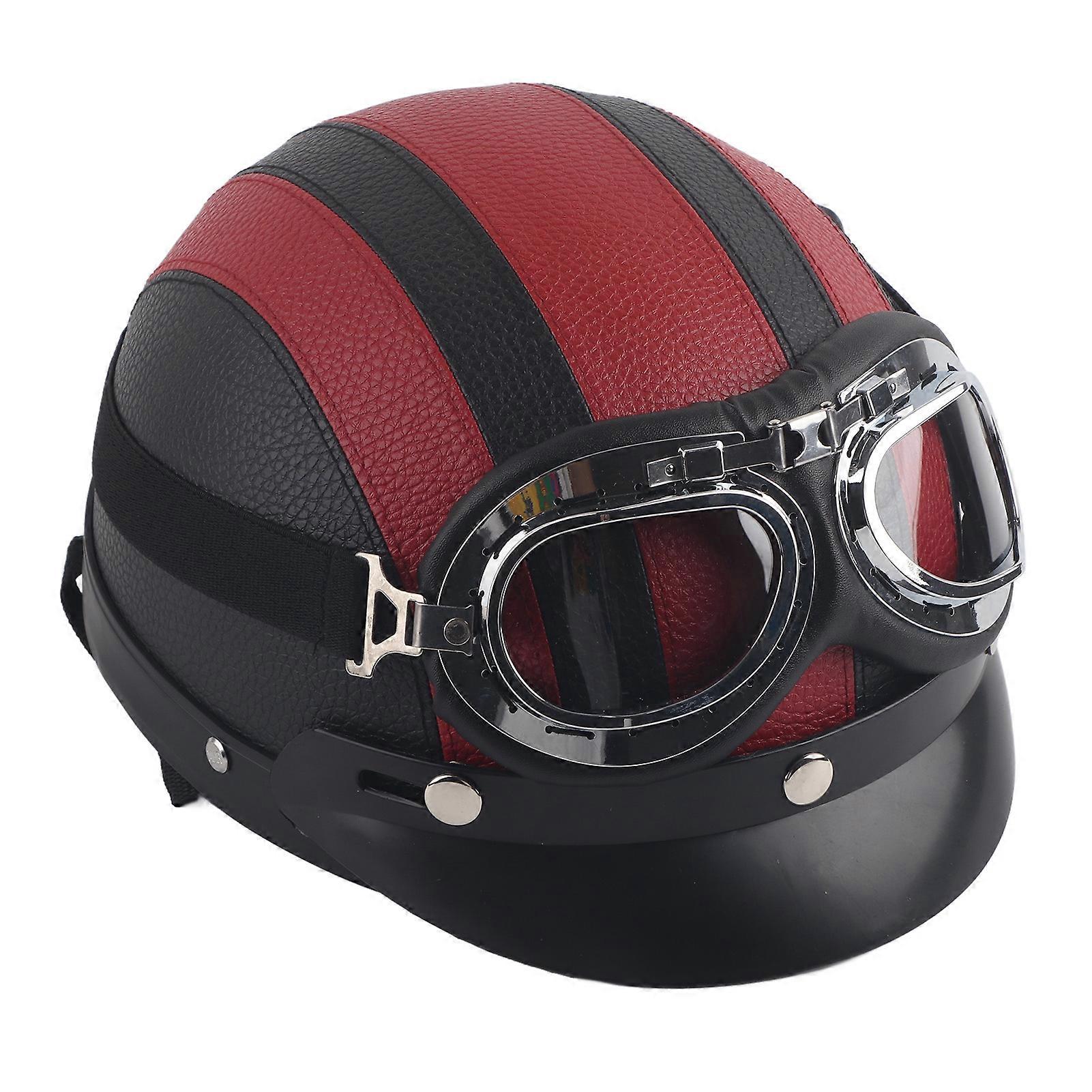 Universal Motorcycle Scooter Synthetic Leather Open Face Half Helmet & Visor UV Goggles Red