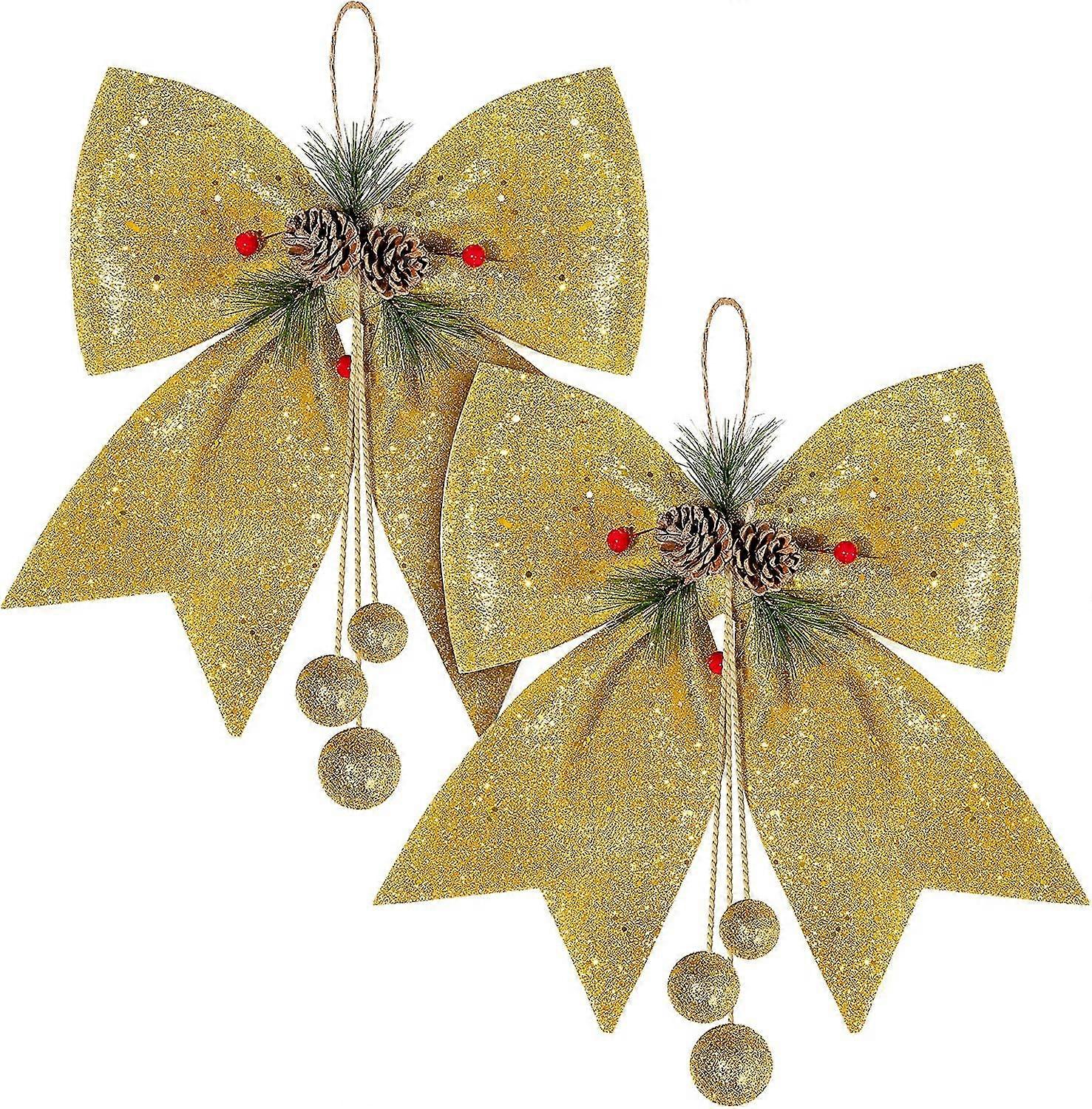 2pcsクリスマスの弓の飾り、金の花輪の弓、大きなクリスマスツリーの弓、スパンコールの蝶ネクタイ