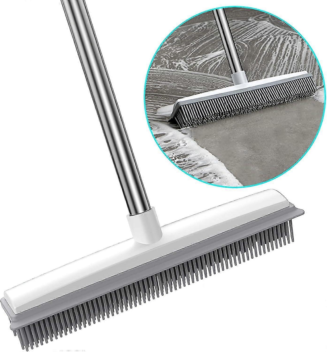 2 In 1 Rubber Broom With Squeegee Edge, Adjustable Long Handle Outdoor Soft Push Broom For Carpet Kitchenyard Window Cleaning