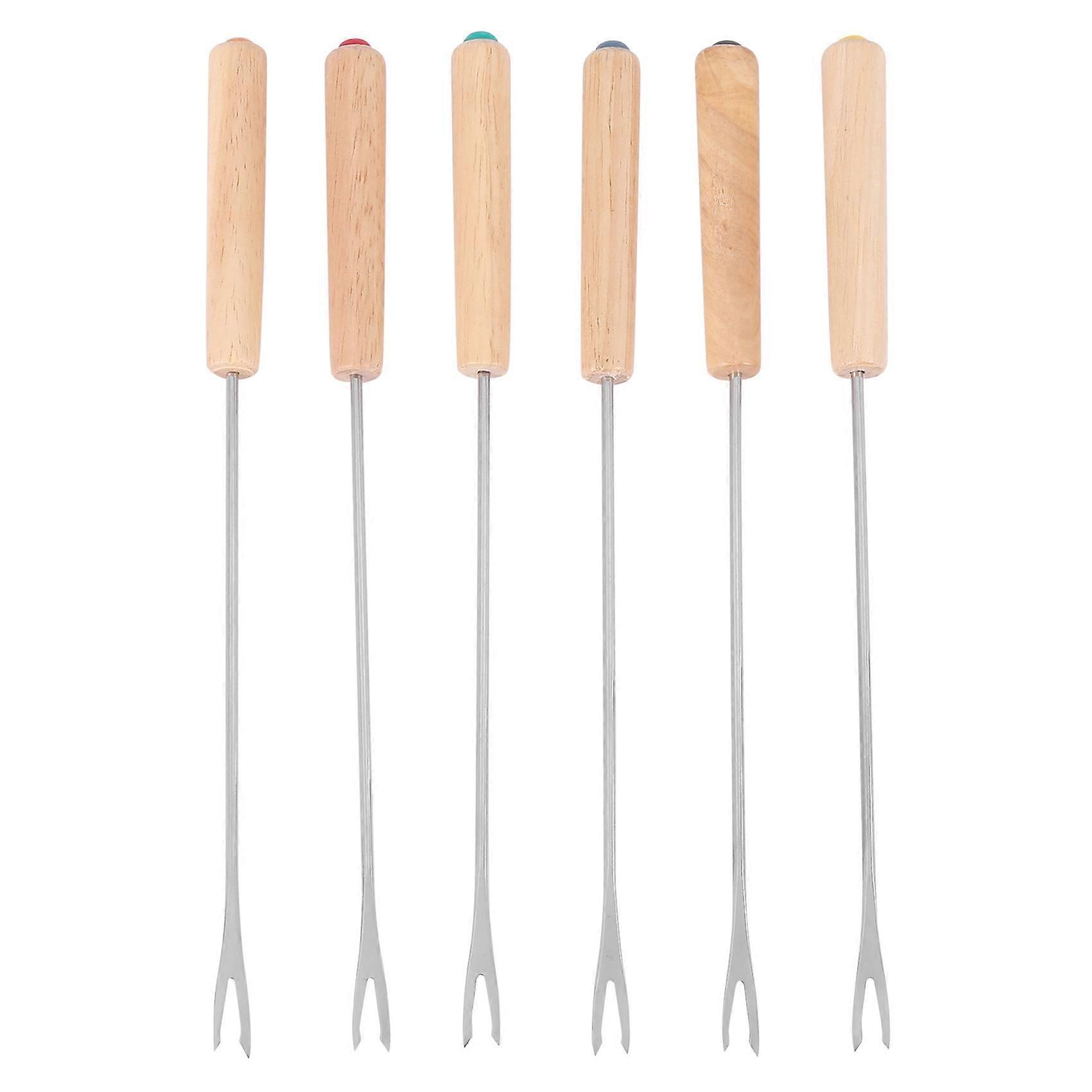 Stainless Steel Color Coding Chocolate Cheese Fondue Forks with Oak Wood Handle Heat Resistant, Ske
