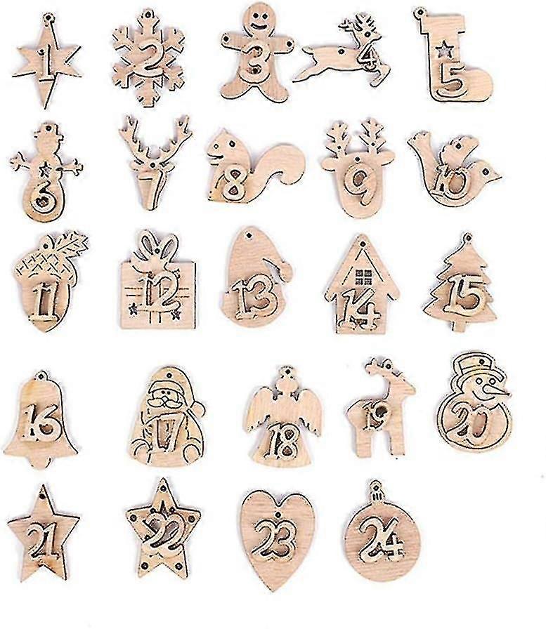 Christmas Calendar Pendant Advent Calendar Numbers Wooden Number 1-24 Labels Digital Countdown Christmas Craft Bag Charm (wood Colour24pcs)