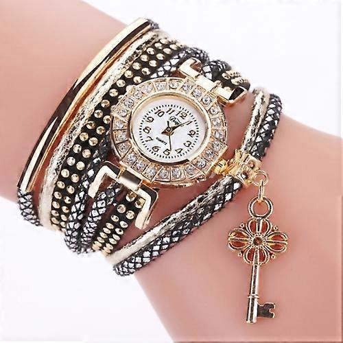 Round Small Dial Diamond-plated Ring Bracelet Quartz Watch with Key Pendant