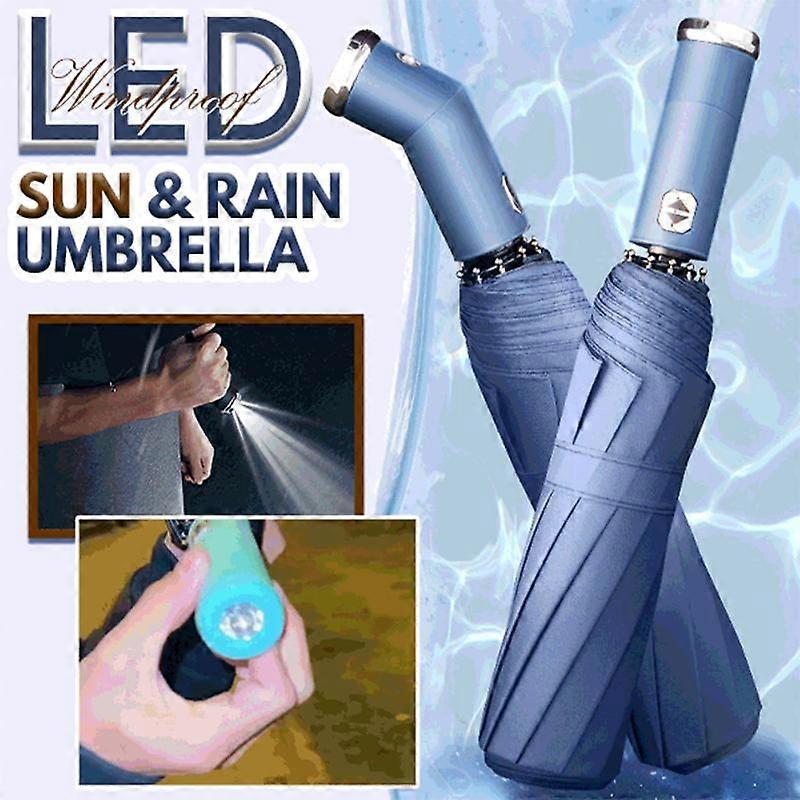 Windproof LED Sun & Rain Umbrella Fully Automatic 10 Ribs Umbrellas with 3 Fold Dual Use Unisex